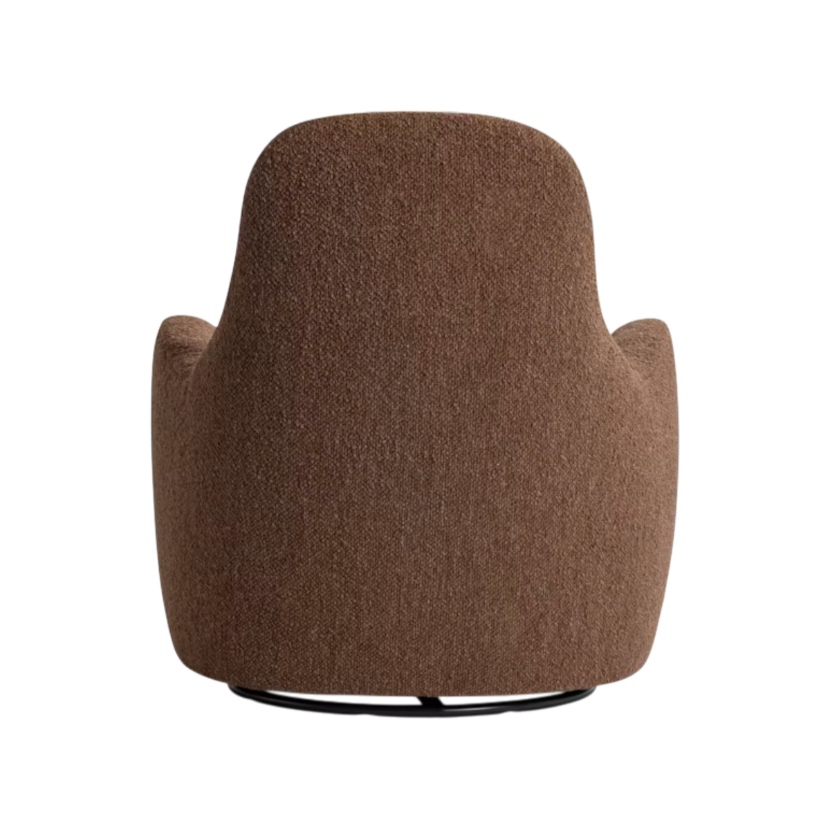 The Tucci Swivel Chair shown from the back in toffee boucle, with a tall rounded silhouette, curved wing-like side panels, and a low swivel base beneath.