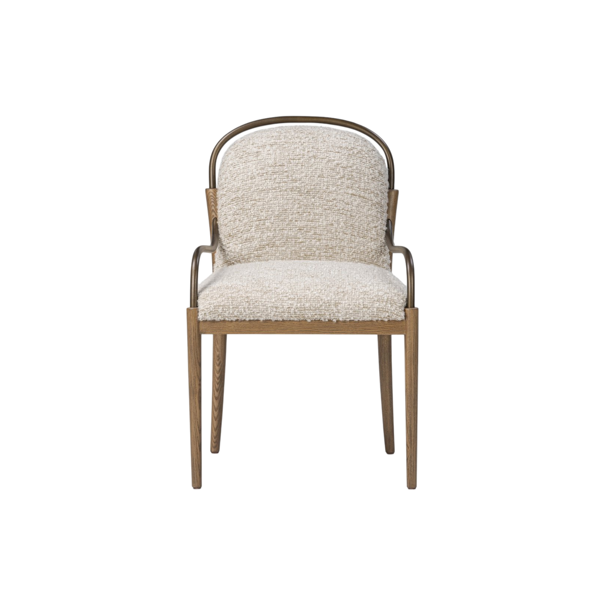 The Delfino Arm Chair shown from the front in ivory boucle, framed by a brass hoop back and matching curved armrests above slender ash legs.