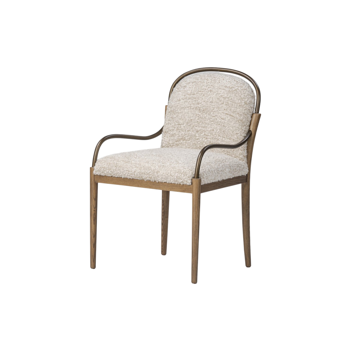 Angled view of the Delfino Arm Chair highlighting its ivory boucle upholstery and the rounded joinery where burnished brass meets ash wood.