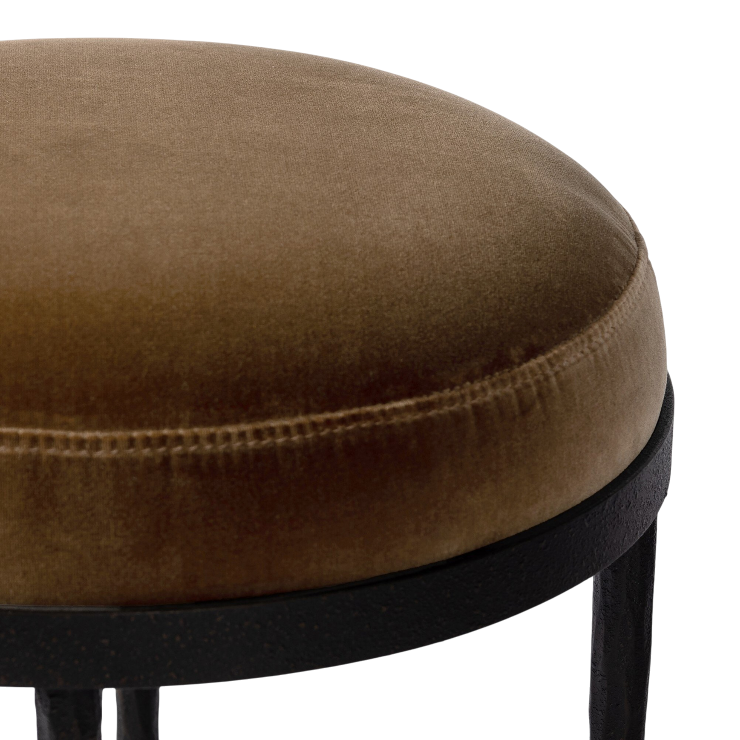 Close-up of Florian Stool showing Surrey Ochre velvet upholstery, topstitched edge and textured iron frame.