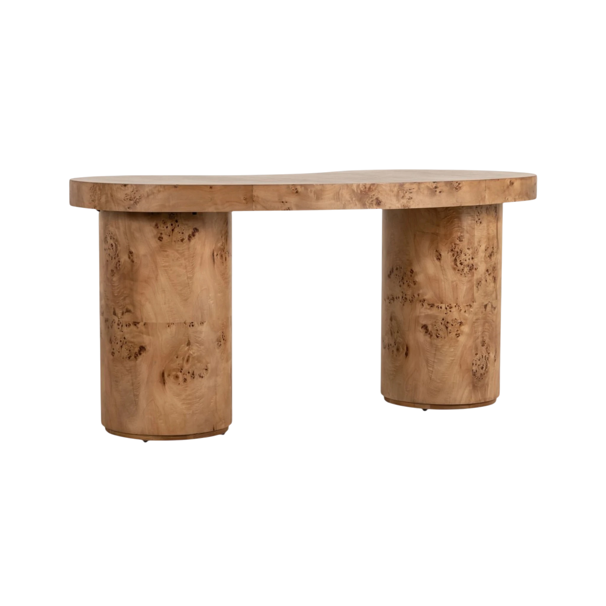 Angled view of the Eclipse Desk showing the sculptural curved top, rounded burl wood pedestals and distinctive organic grain pattern.