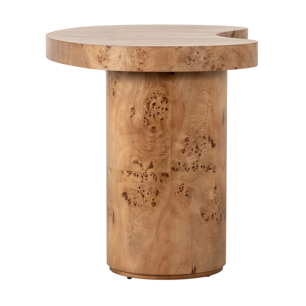 Side view of the Eclipse Desk highlighting the thick curved tabletop and cylindrical pedestal construction in warm burl wood.