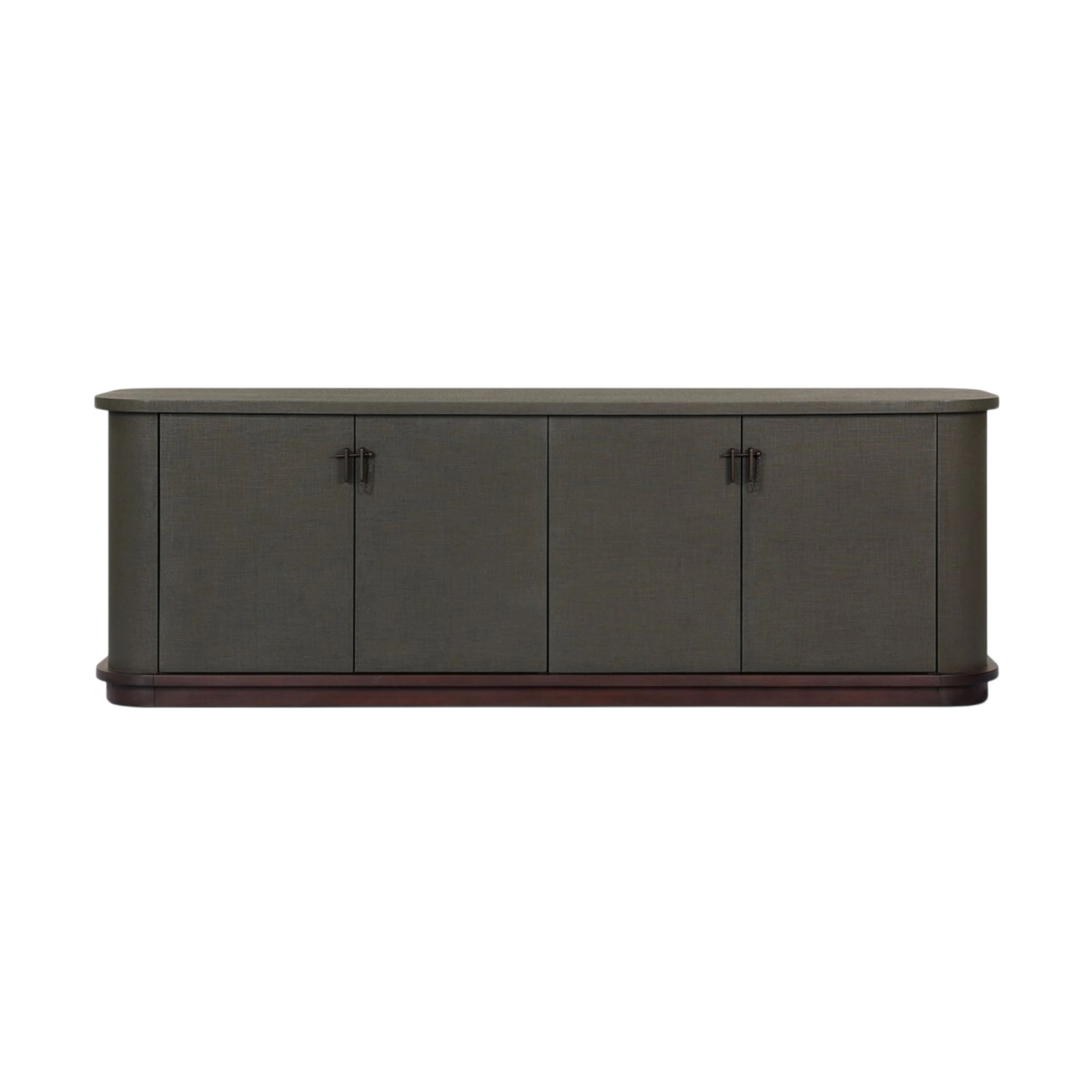 Fletcher Sideboard in moss green lacquered linen with four doors, rounded corners, bronze T-bar latches and a dark wood plinth base.