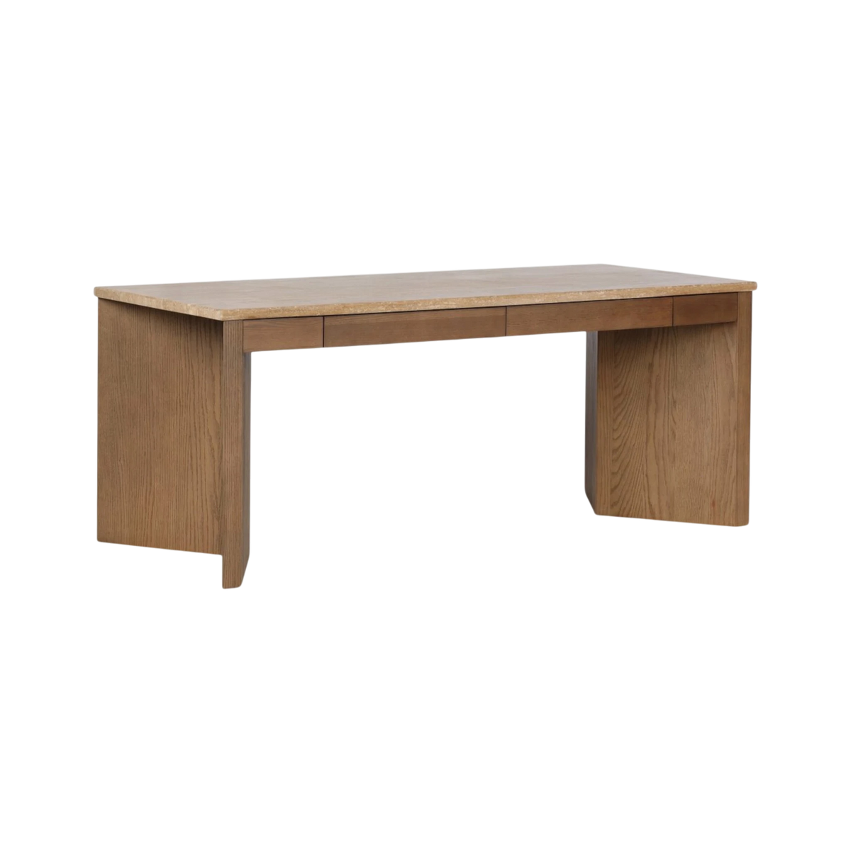 Angled view of the Cobble Desk highlighting its light oak construction, travertine work surface and clean architectural silhouette.
