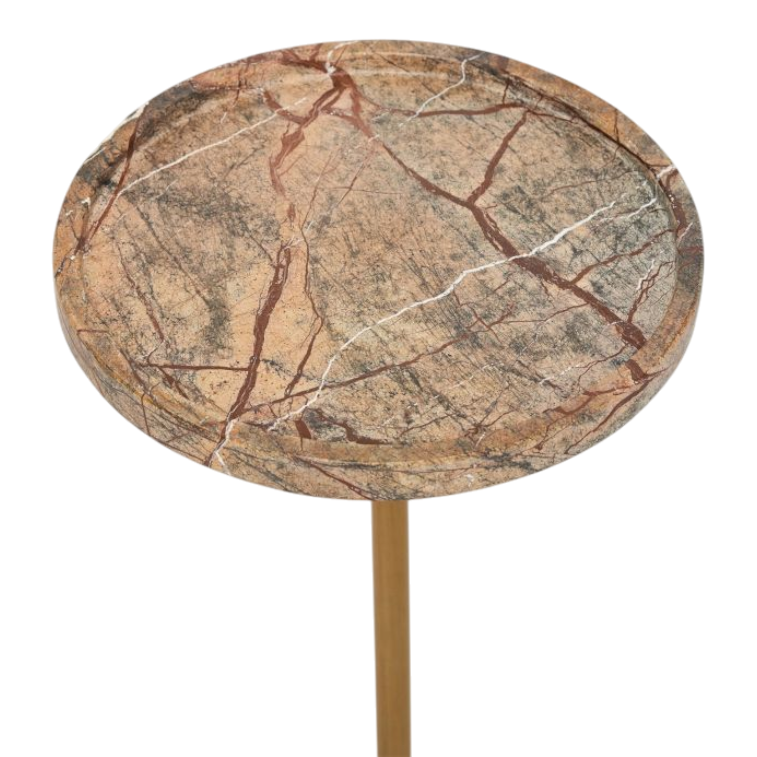 Canyon side table. An oval-shaped table with a brown and beige marble pattern top and a light wood pedestal base, shown against a plain white background.