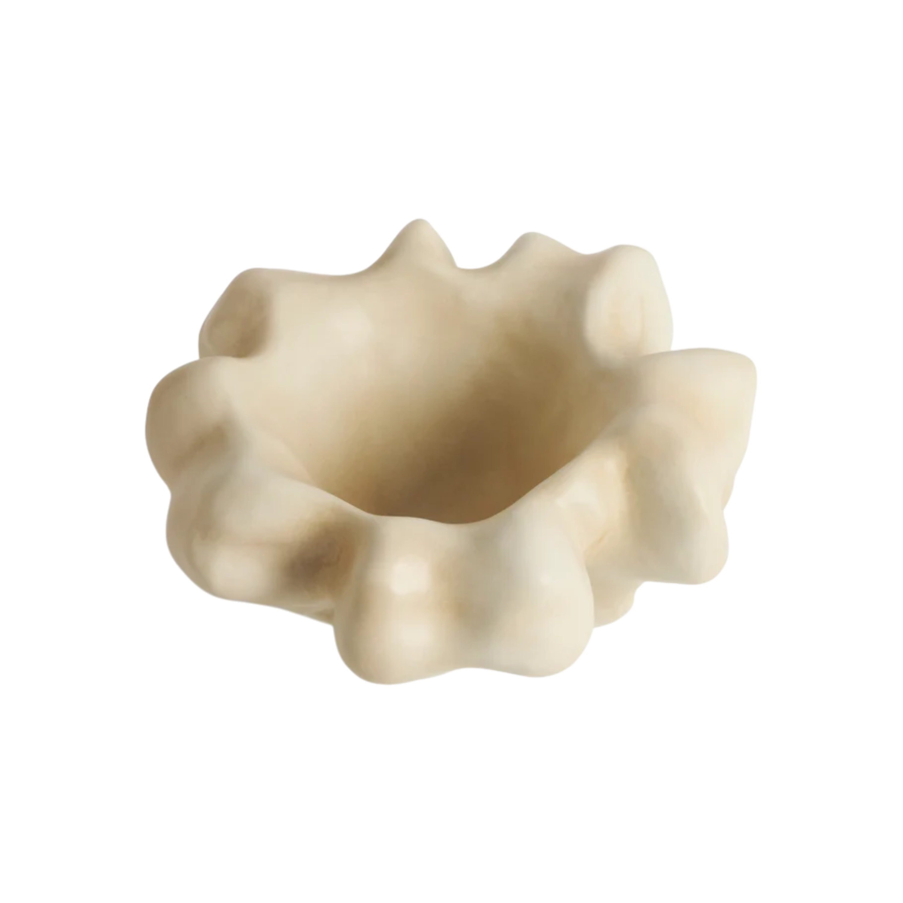 Top view of Timna Coupe Latte showing its deep centre, flowing asymmetrical rim and smooth warm latte finish.