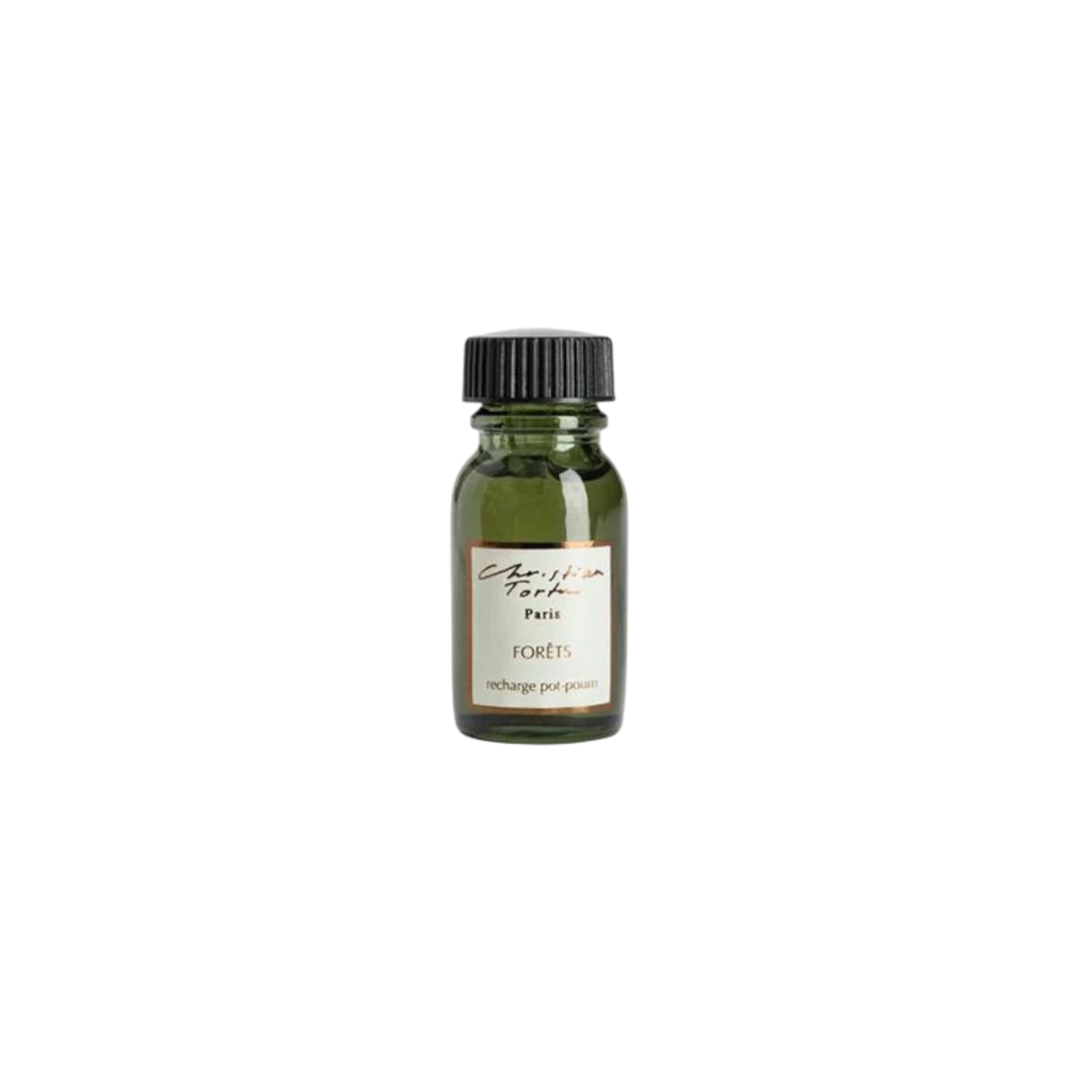 Christian Tortu Potpourri Refresher Oil - A small dark green glass bottle with a black ribbed cap and a cream label reading 'Christian Tortu' and 'forets', shown on a plain white background.