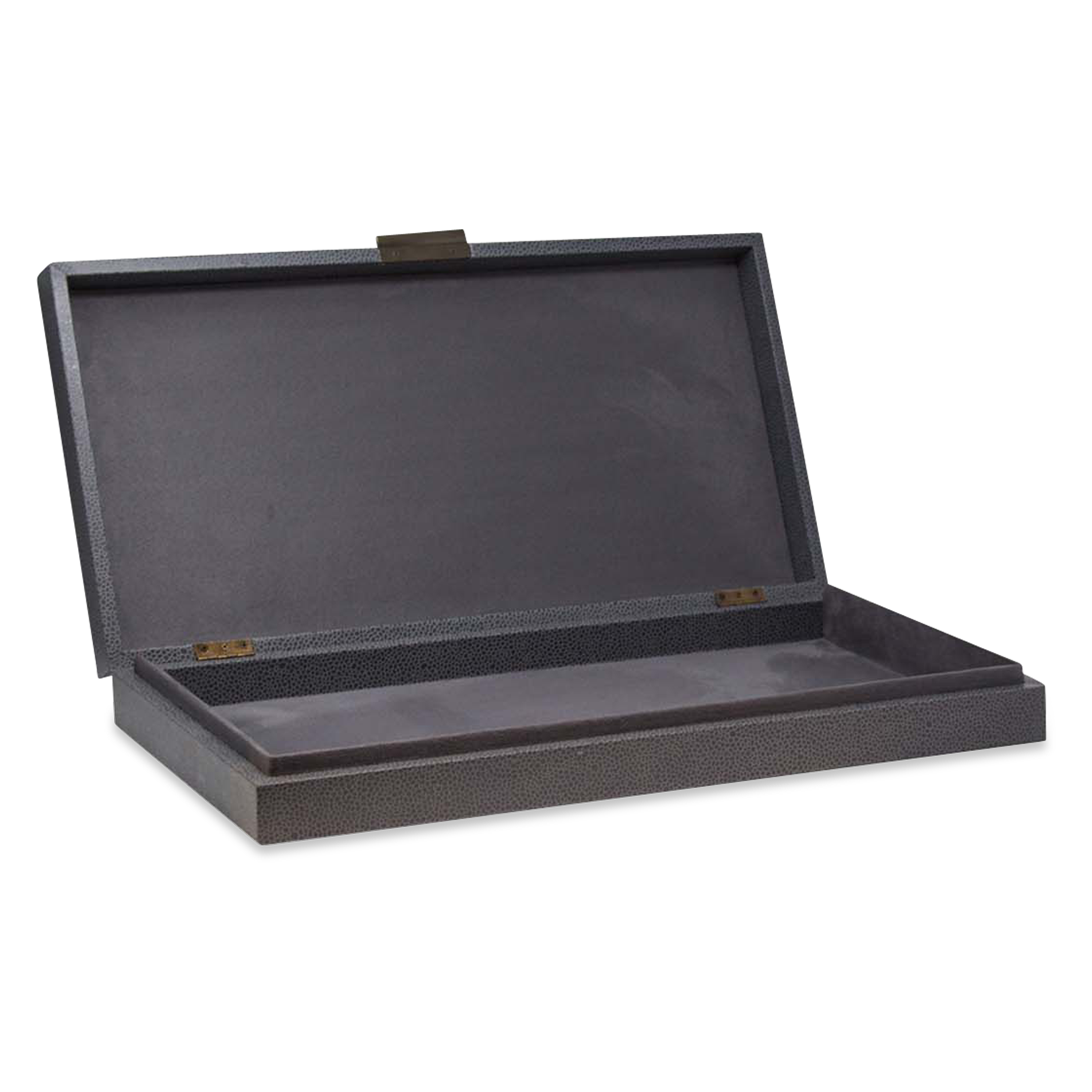 The perfect subtle graining of leather and understated bronze slim knobs provide fantastic complements for the stylish grey interior and smooth suede bases of these boxes.