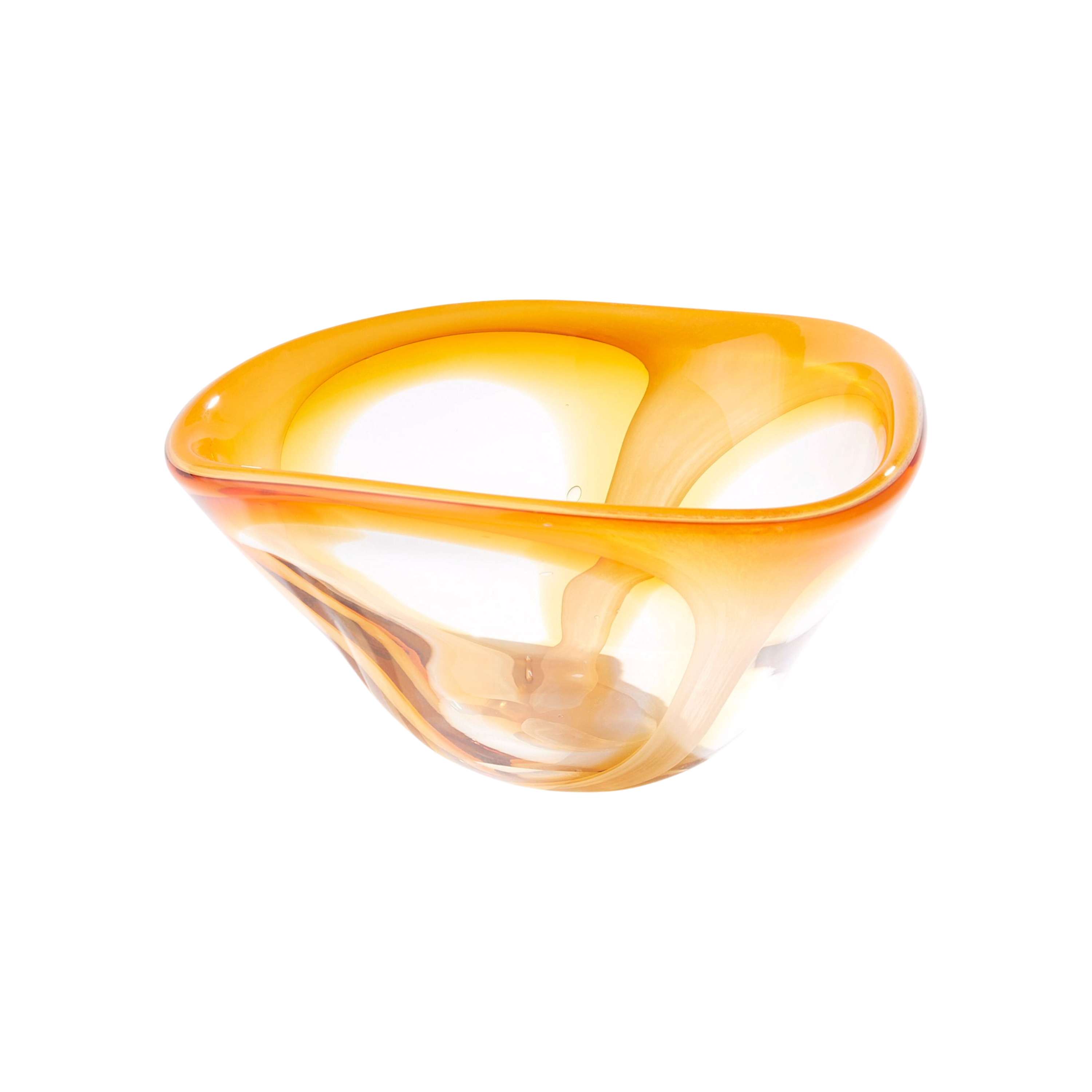 Two-Tone Art Glass Bowl Amber, front view, featuring a sculptural asymmetrical form with warm amber glass and clear transparent accents.