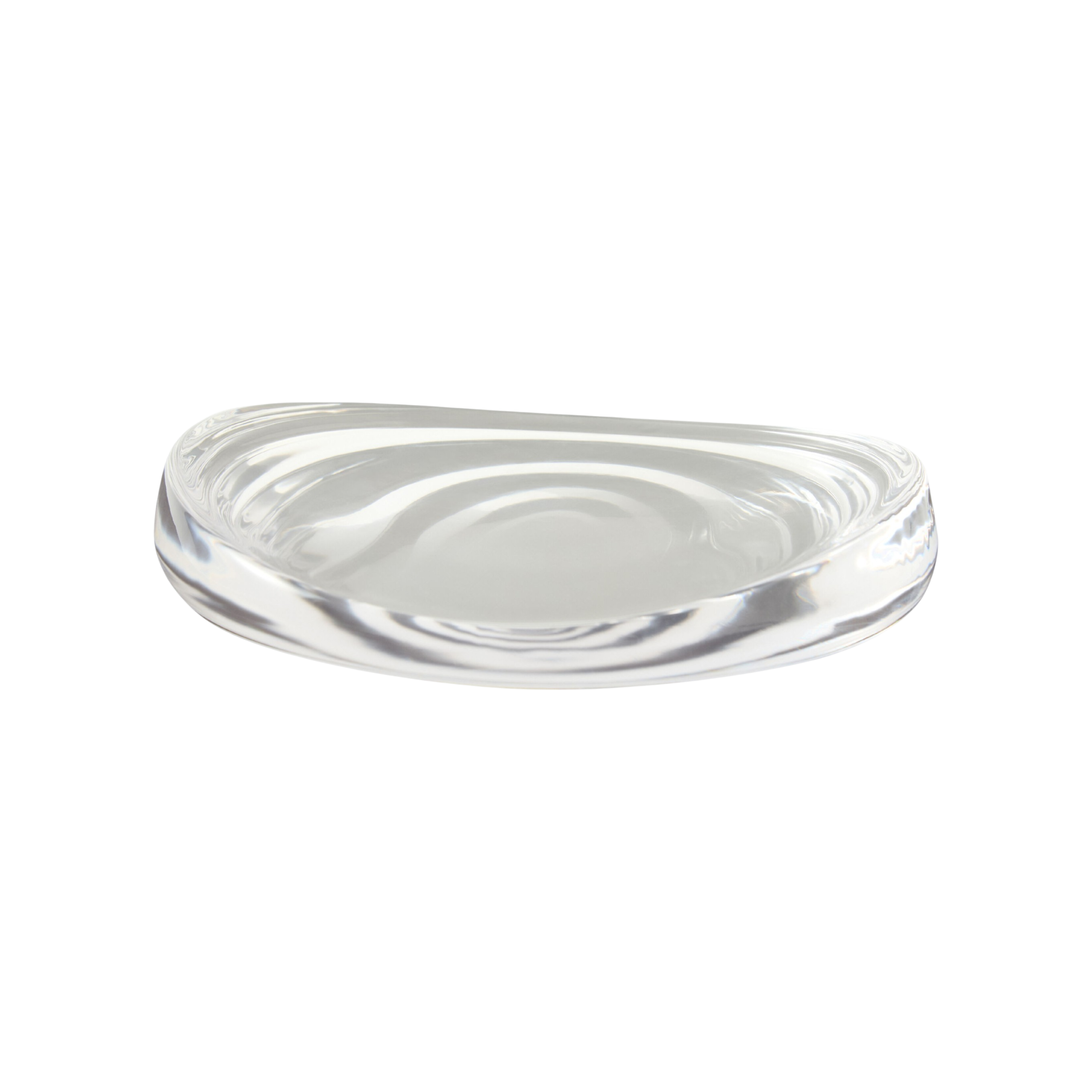 Clear Dune Bowl Small with a shallow asymmetrical form, thick transparent walls and softly rounded organic contours.