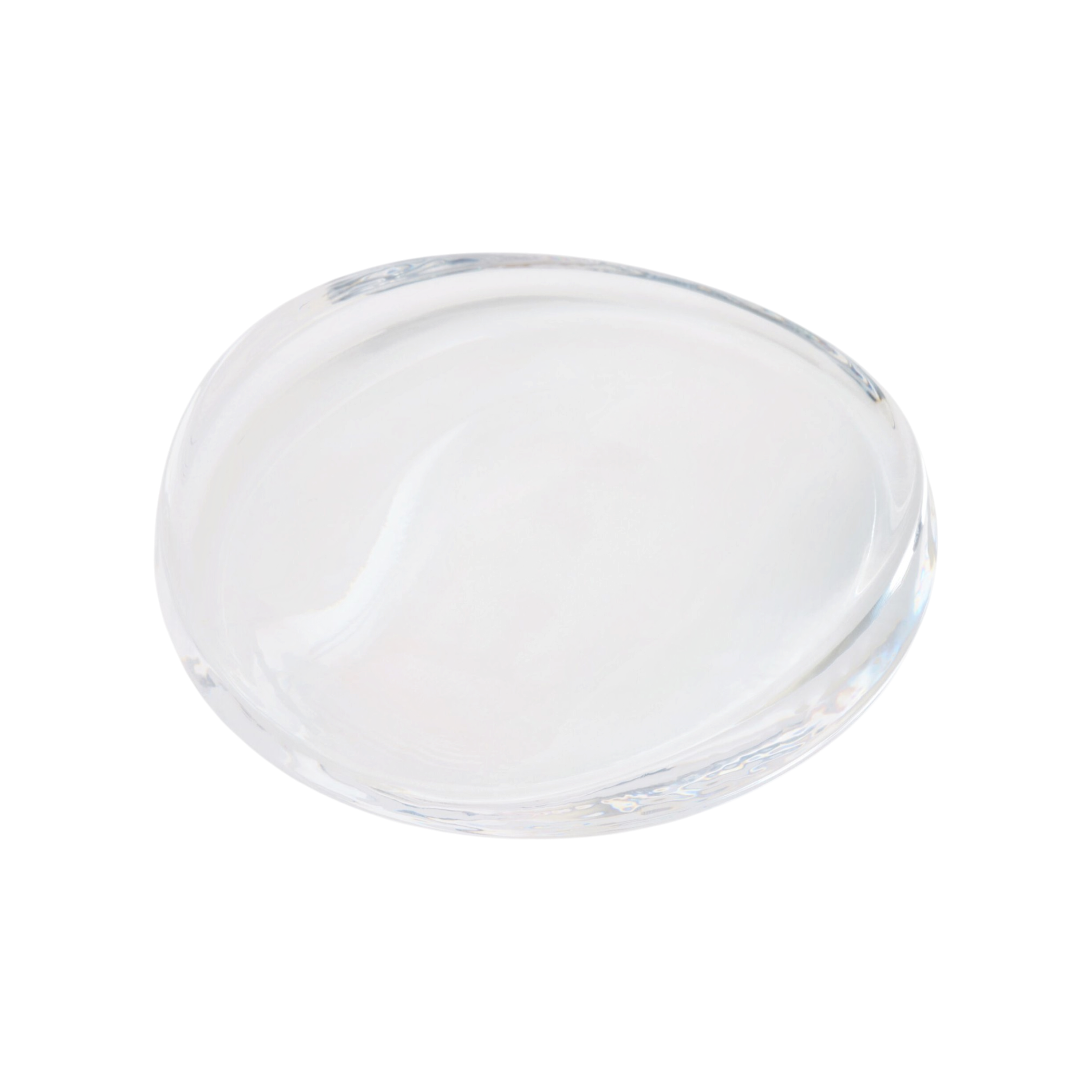 Dune Bowl Small Clear glass decorative bowl, side view showing its low profile, gently sloping shape and fluid raised edge.