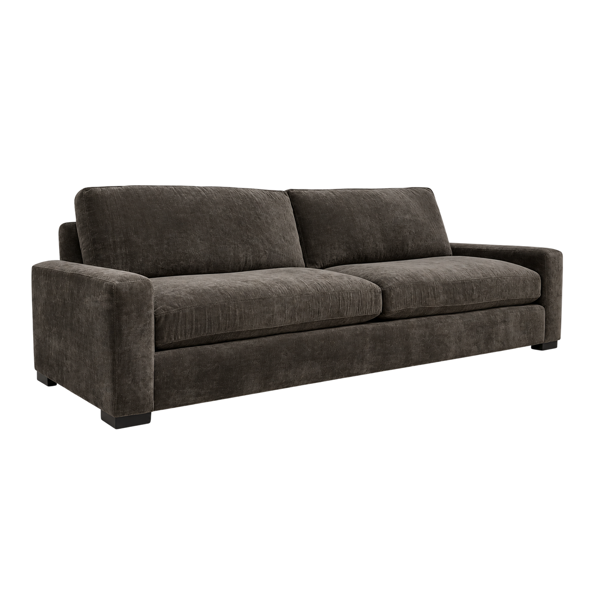 Arizona Sofa in an angled view highlighting the Charcoal Brown textured velvet, the wide track arms, plush cushions and dark block feet.