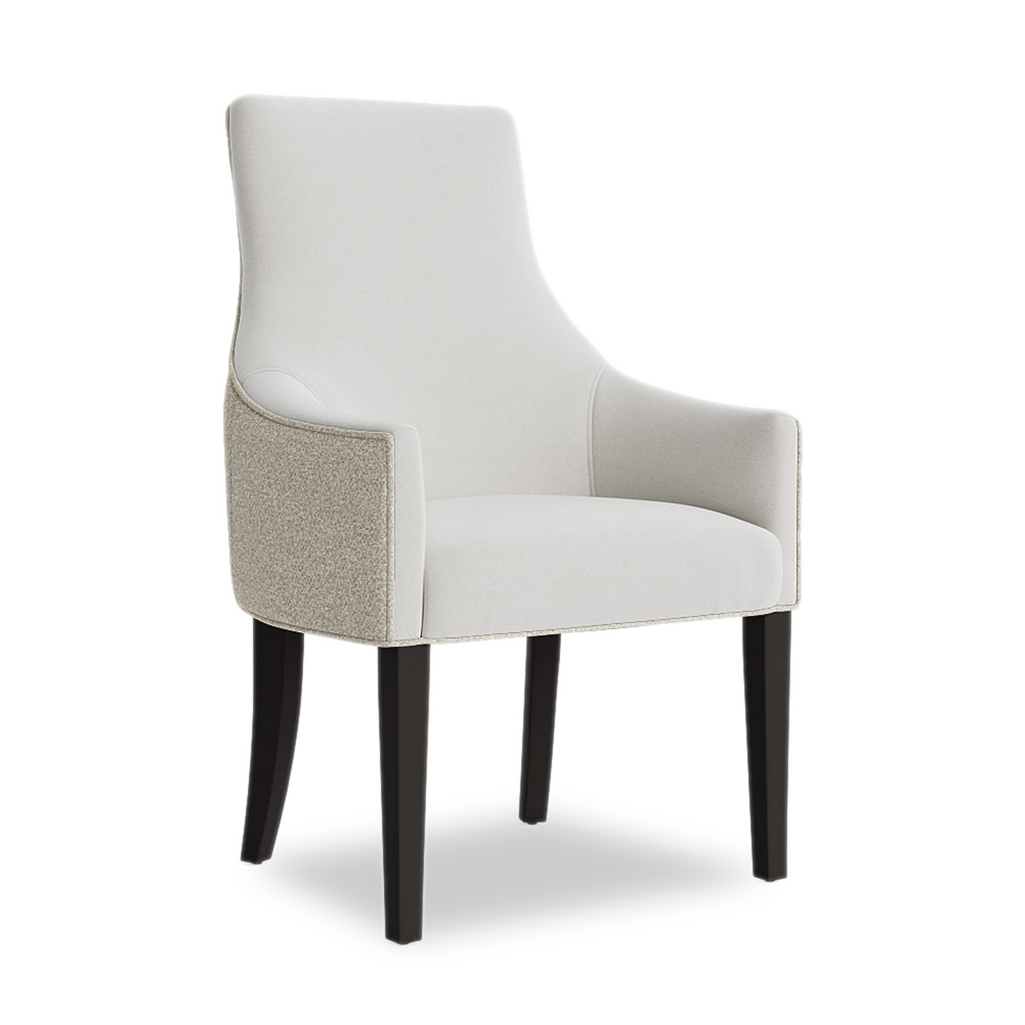 Tall and slender, the Ada Dining Armchair has a sculpted form with a curved back and low, sloping arms that fit easily under a dining table.