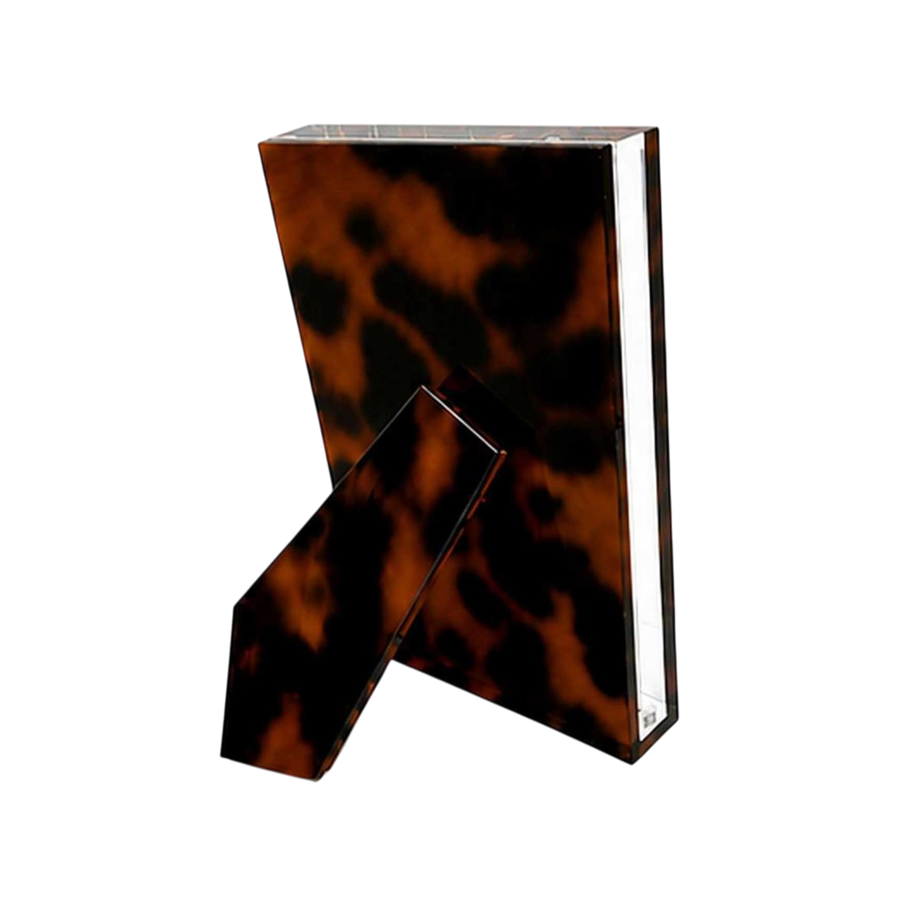Acrylic Photo Frame in tortoiseshell-patterned Lucite shown from the back with a matching angled easel stand and clear beveled edges.