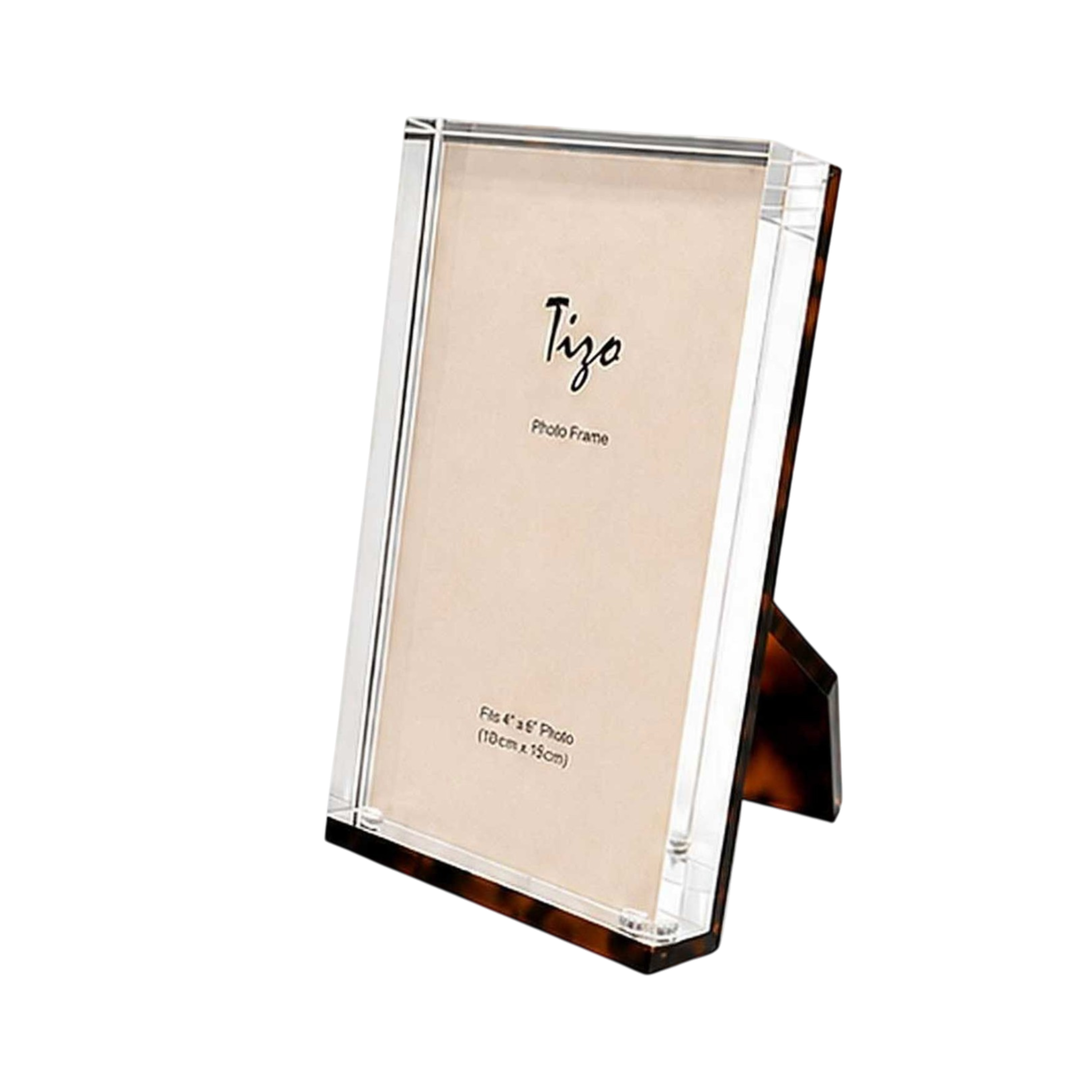 Acrylic Photo Frame 5x7 in tortoiseshell-patterned Lucite with clear beveled edges, shown upright from the front.