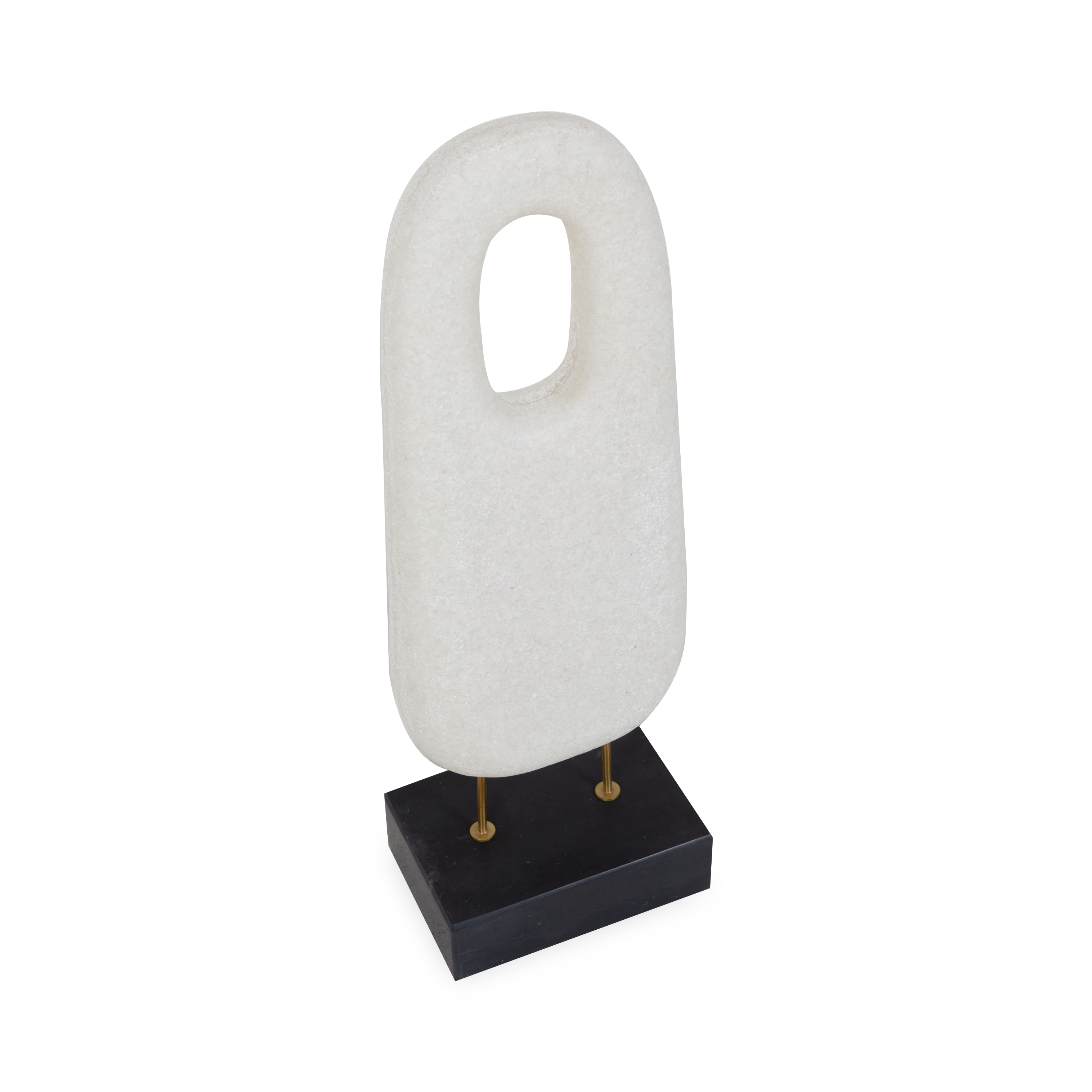The monolithium shape is executed in marble that accurately replicates the look of Thassos marble with a honed black marble base and brass pegs.