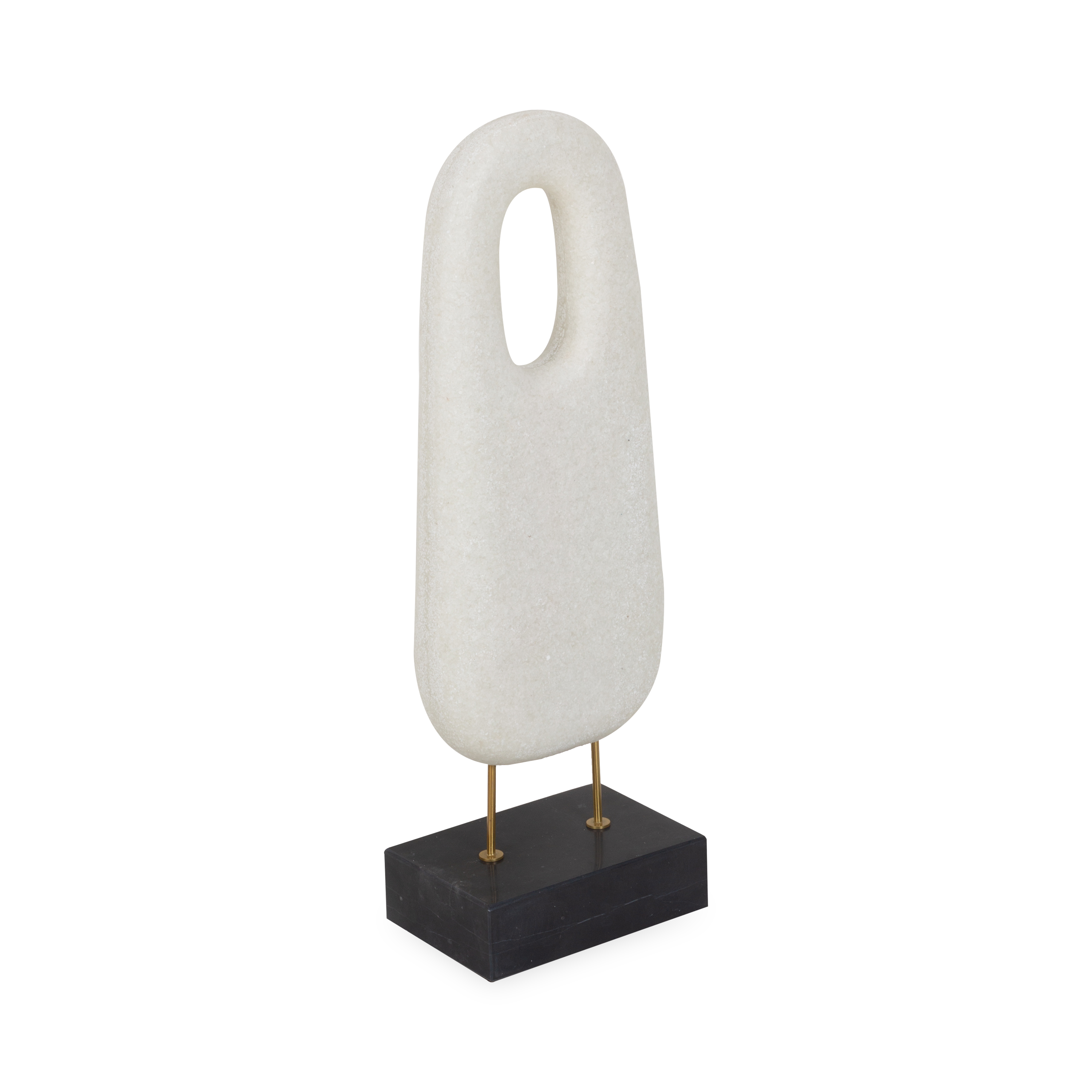 The monolithium shape is executed in marble that accurately replicates the look of Thassos marble with a honed black marble base and brass pegs.