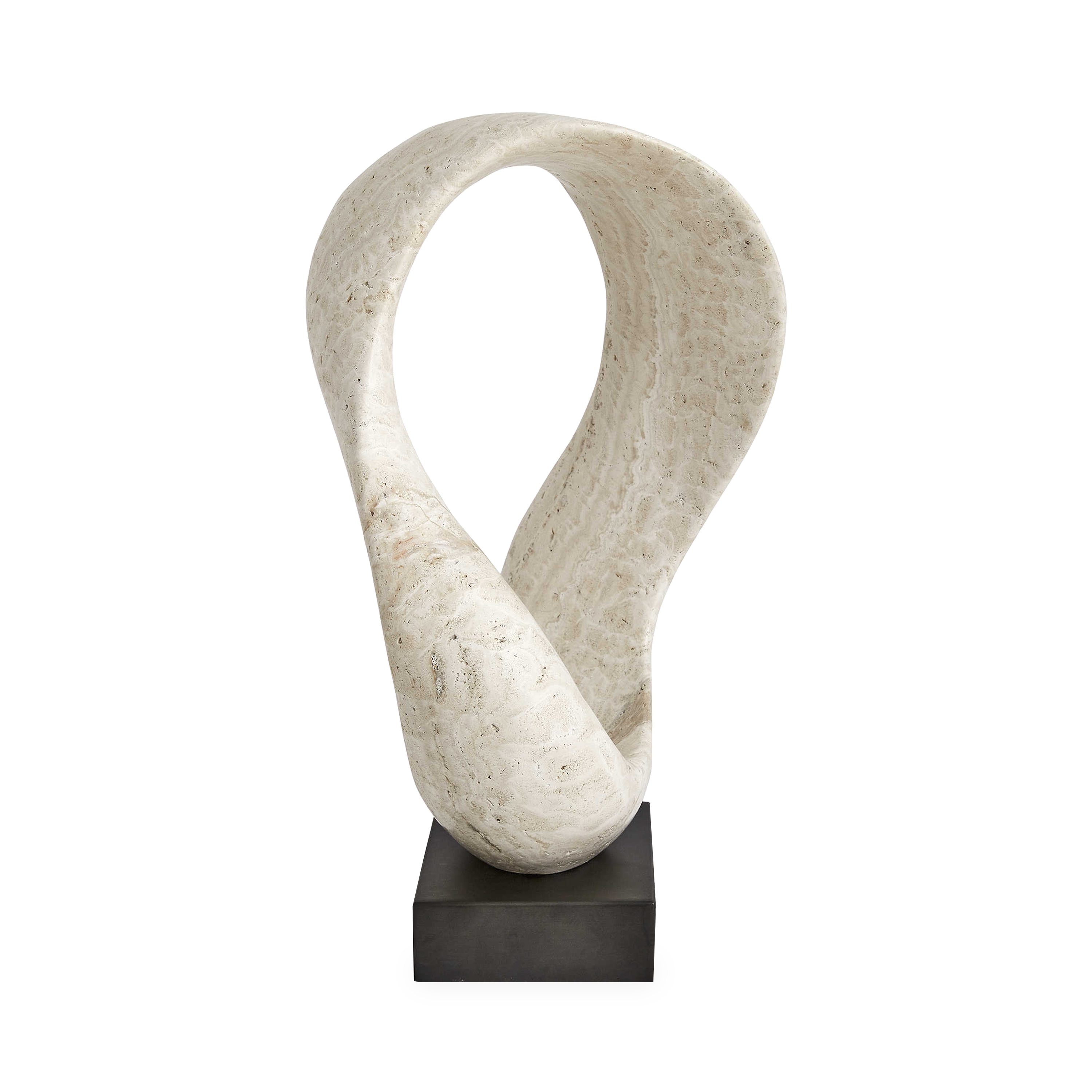 Characterized by its endless twisted loop form, the Twist Travertine Sculpture features a beige, unfilled honed travertine body and sits atop a bronzed metal base.