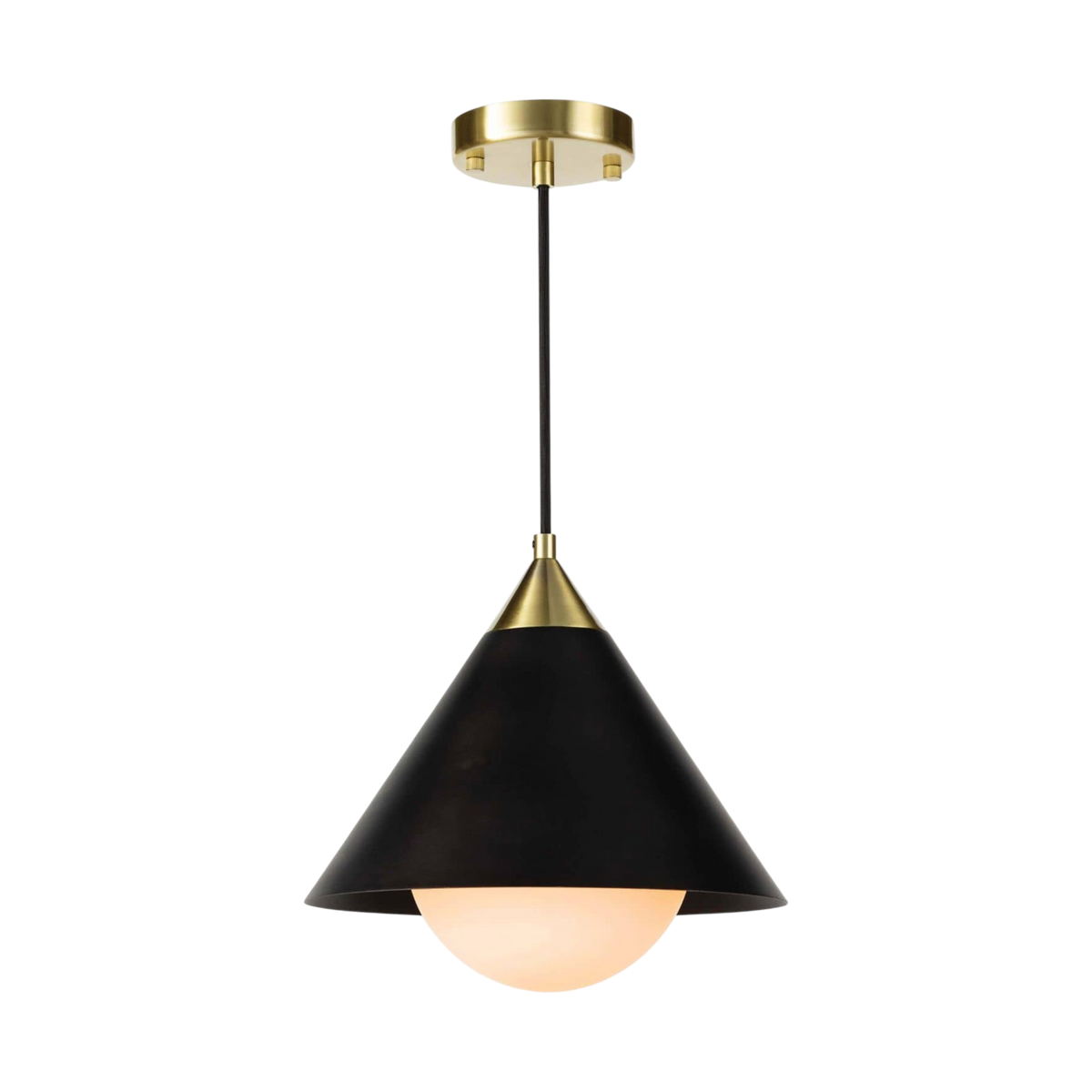 Hilton Pendant Black with conical black shade, natural brass accents and glowing milk glass globe.