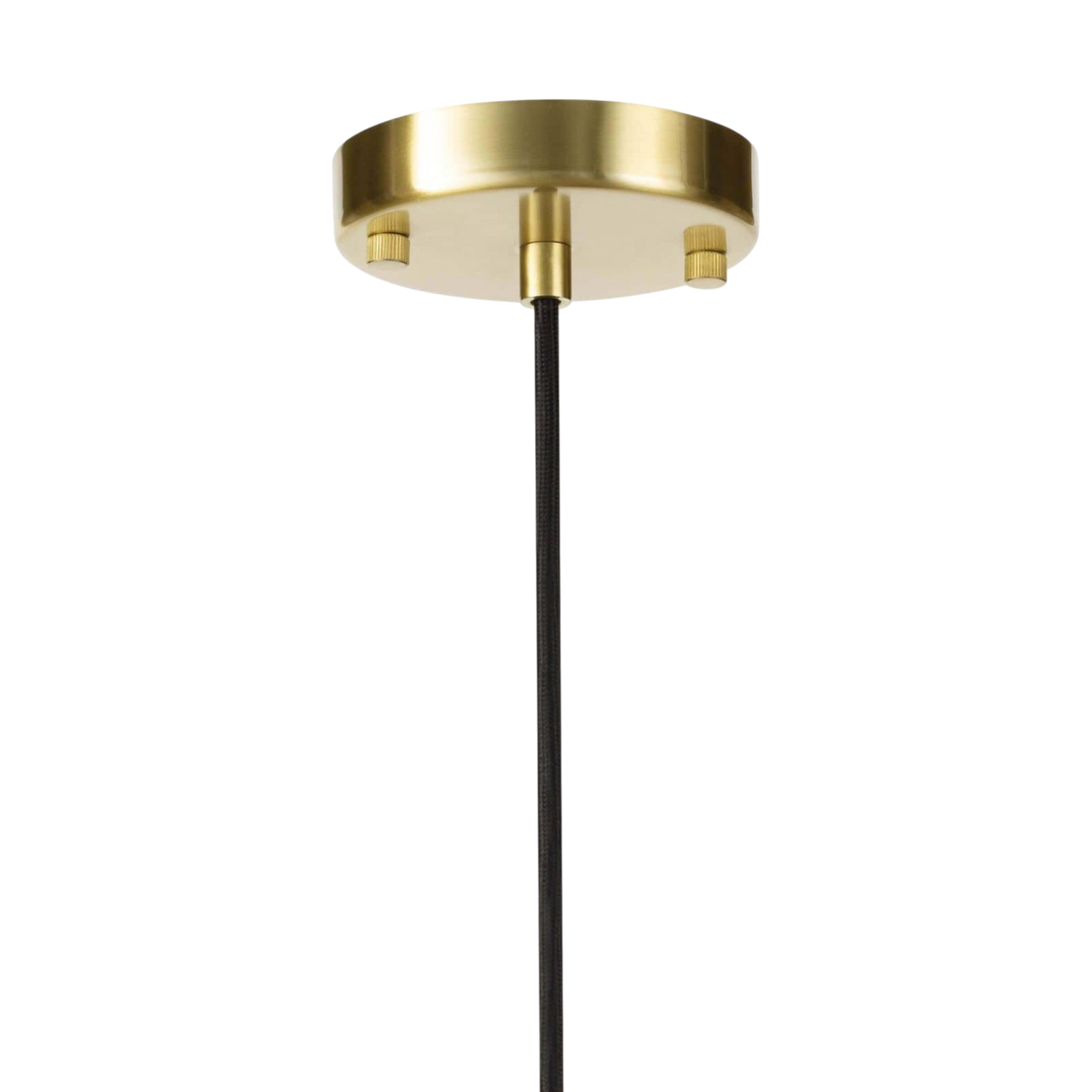 Hilton Pendant Black close-up showing the round natural brass ceiling canopy and black fabric-covered suspension cord.