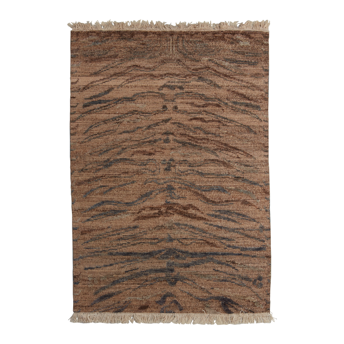 A rectangular woven rug with a natural brown and beige base, featuring a dark charcoal gray tiger-stripe pattern and cream-colored fringe on both ends, shown against a plain white background.