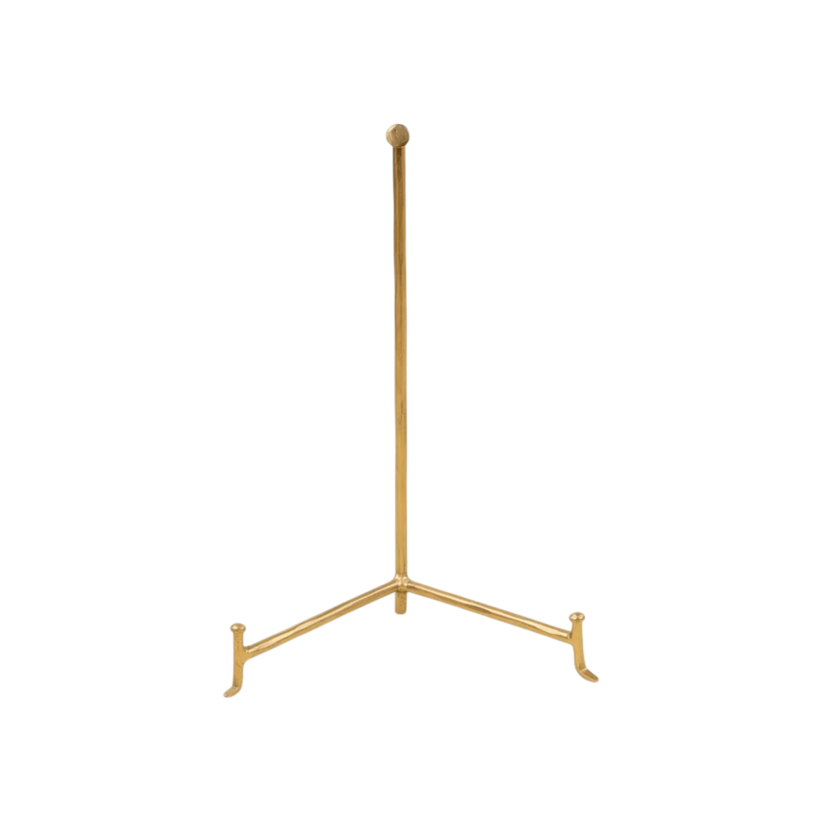 Small Atelier Display Stand in gold-tone iron with a slender vertical post, ball finial and open tripod base designed to support a plate, book or framed decorative object.
