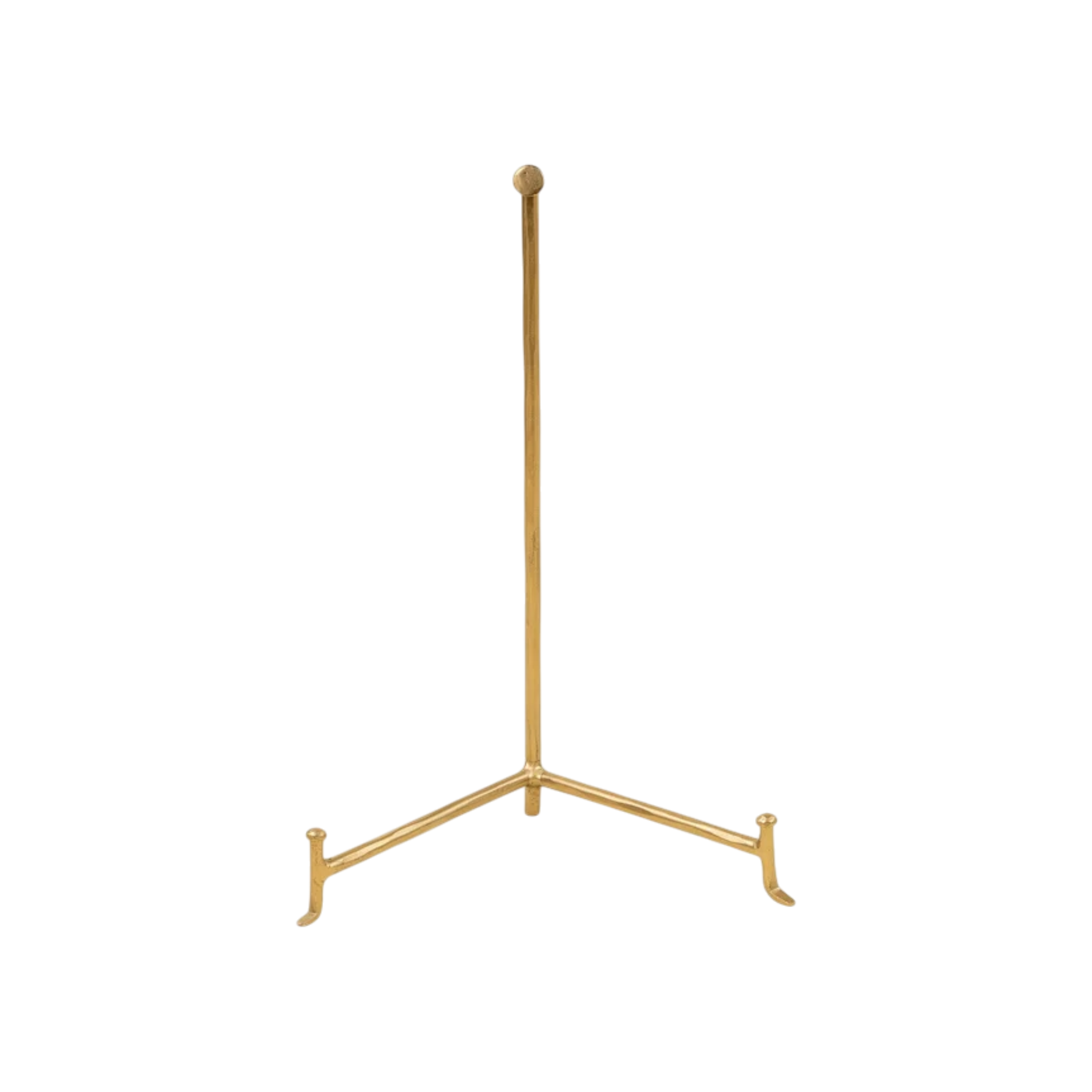 Large Atelier Display Stand in gold-tone iron with a slender vertical post, ball finial and open tripod base designed to support a plate, book or framed decorative object.