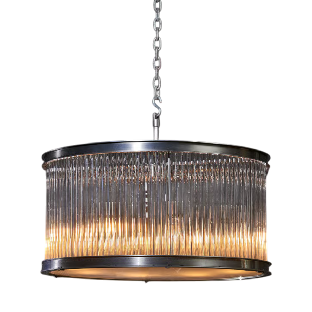 Rod Pendant Large with vertical clear glass rods framed by dark metal rings and suspended from a chain, illuminated with a warm ambient glow.