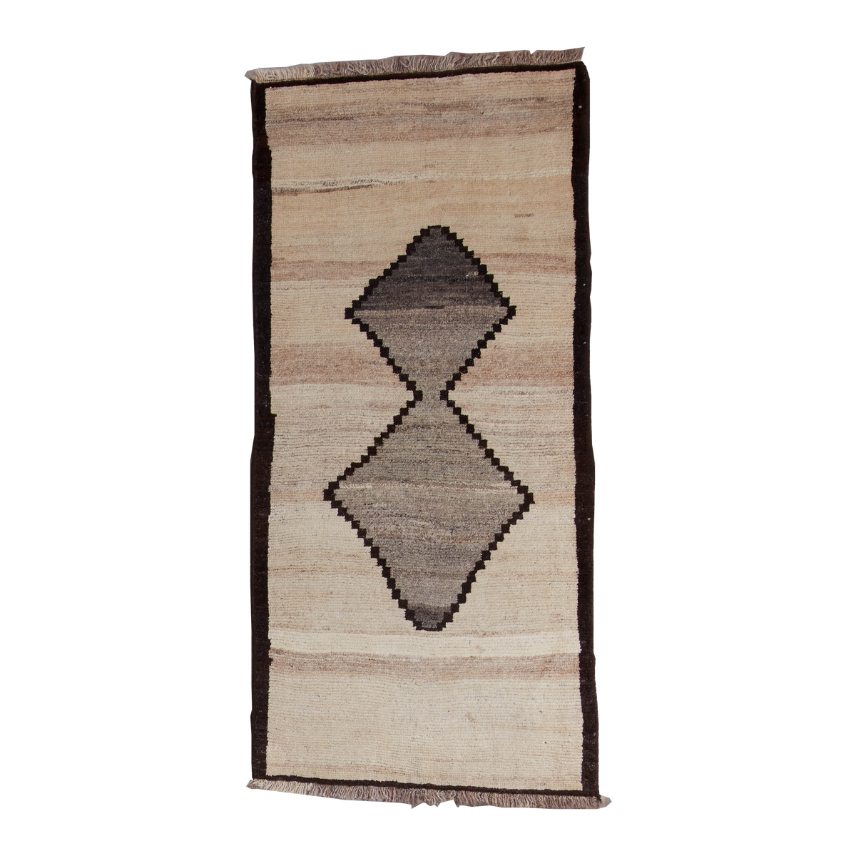 A rectangular hand-woven wool rug with a geometric diamond pattern, featuring a natural beige base, brown and gray accents, and dark brown fringe on the ends.