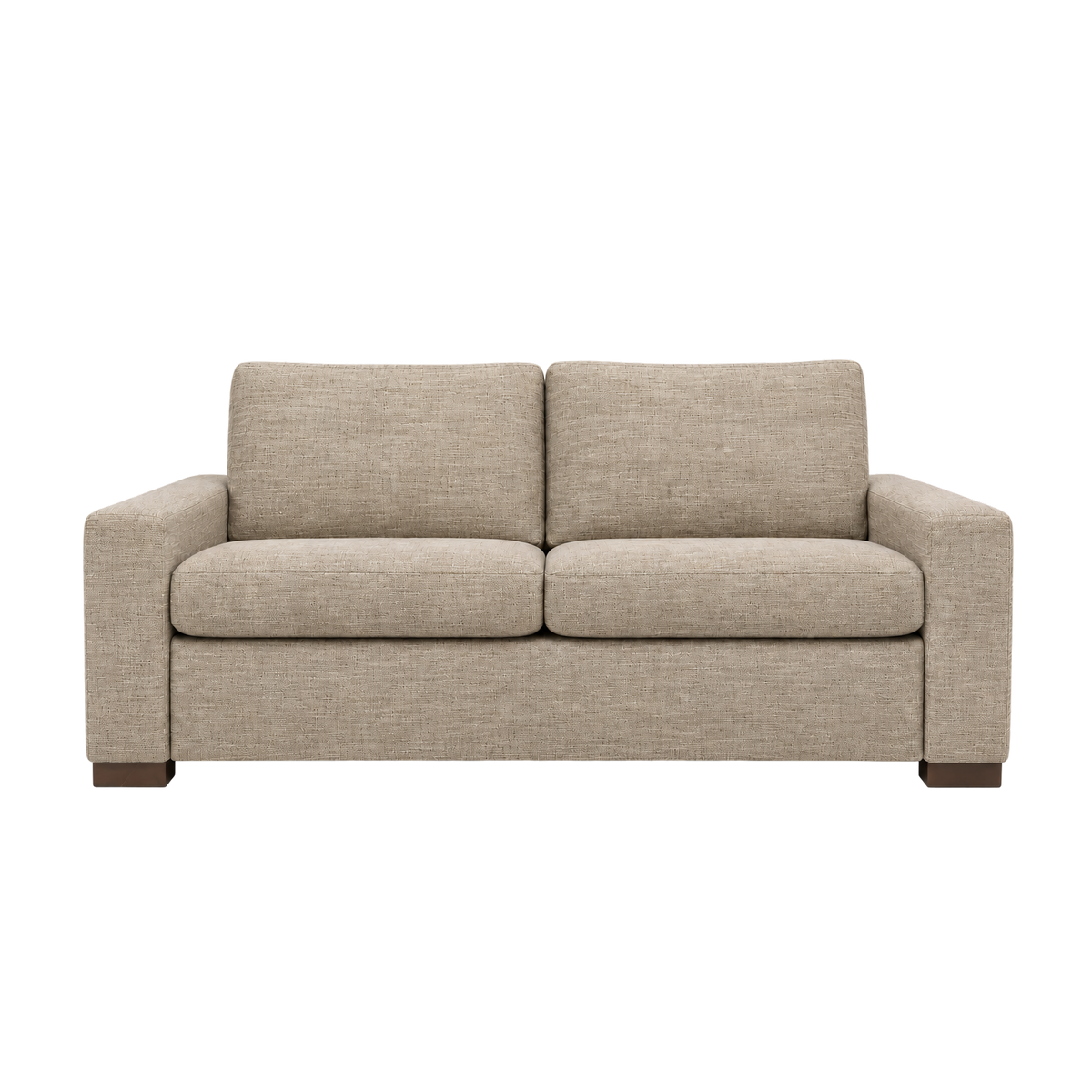Revere Sleeper Sofa in heathered taupe woven fabric, front view of the two seat cushions, loose back cushions and broad track arms on subtle dark feet.