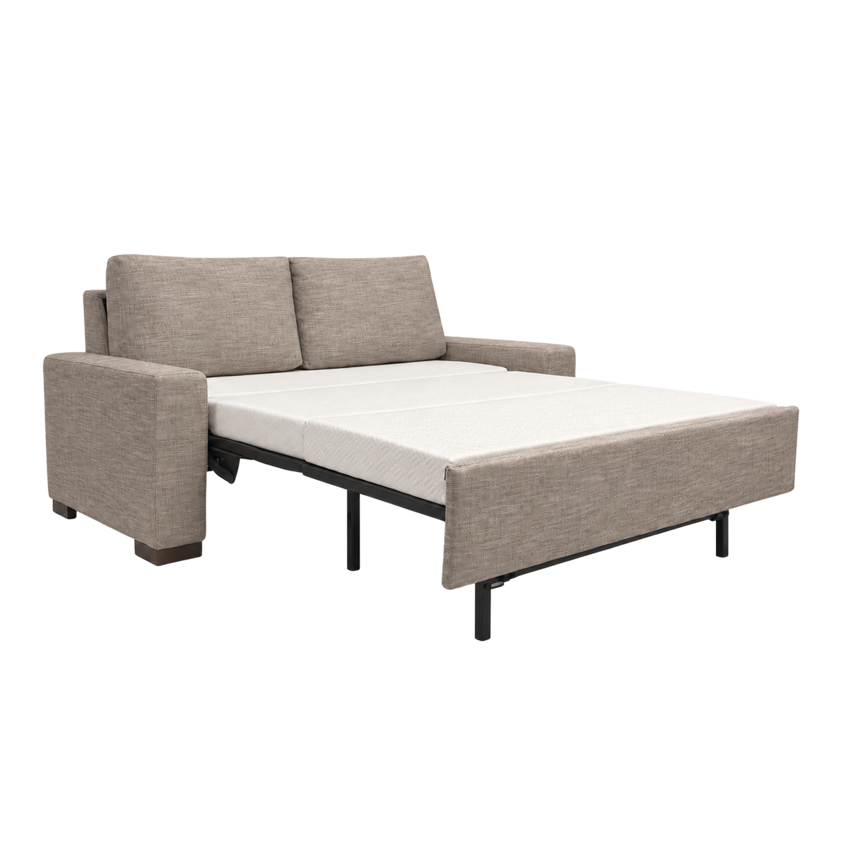 Revere Sleeper Sofa opened into a bed in heathered taupe woven fabric, showing the quilted fold-out mattress, slim metal frame with legs and an upholstered foot panel.