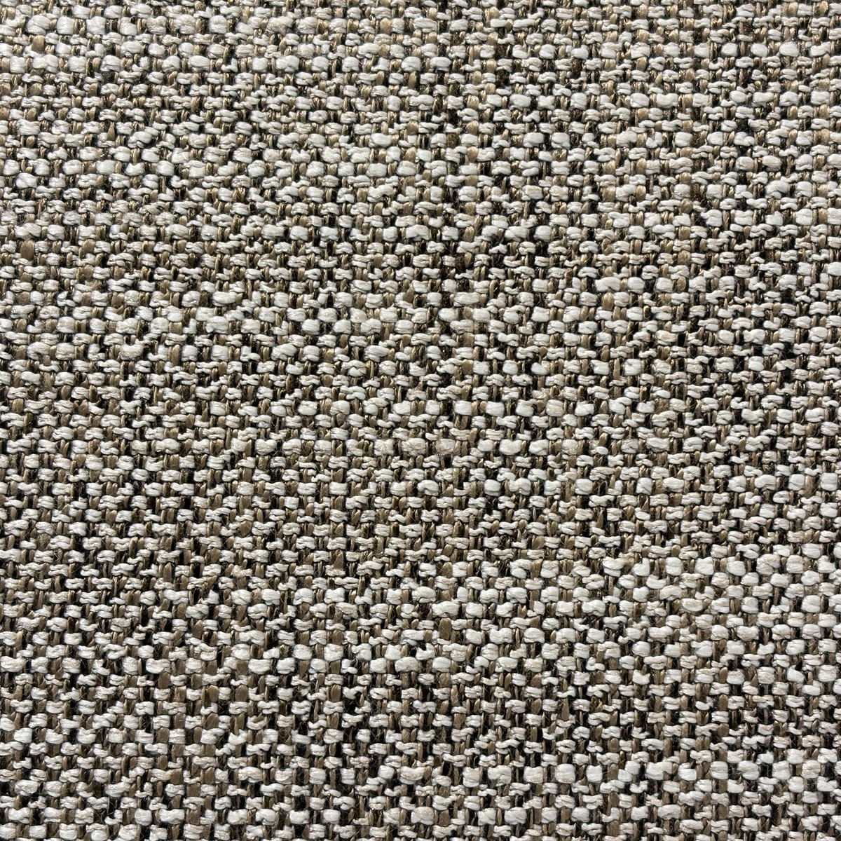 Revere Sleeper Sofa upholstery in extreme close-up, showing the heathered taupe weave built from lighter yarns, deeper flat threads and tiny dark flecks.