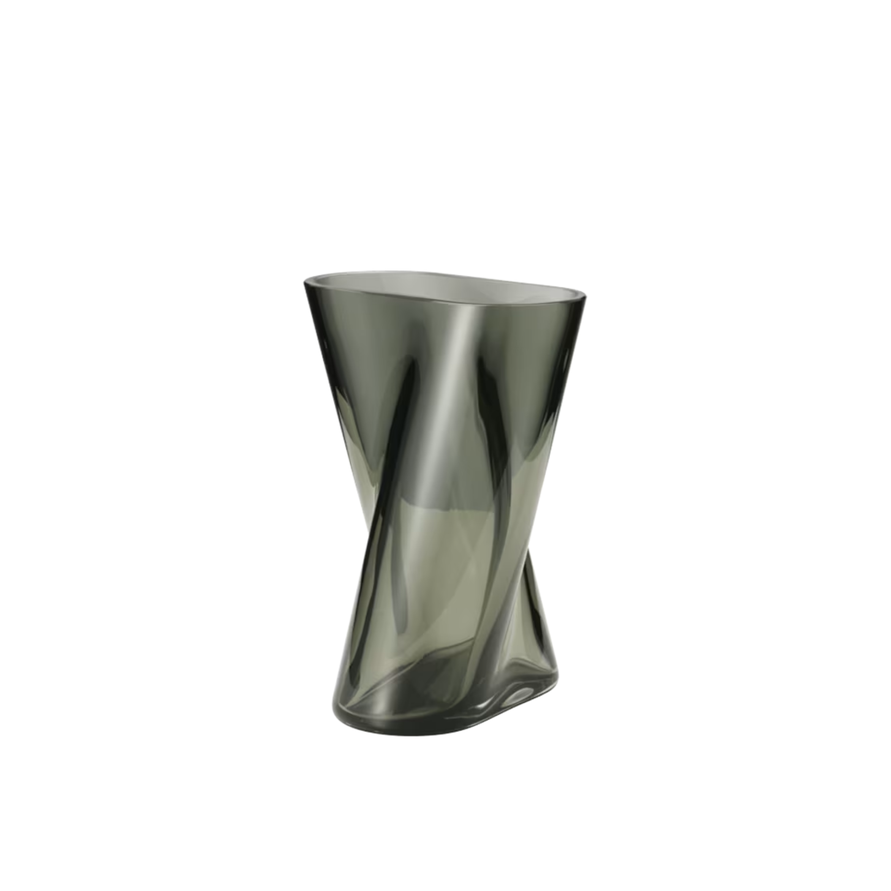 Small Lituus Vase in smoked glass with a sculptural hourglass silhouette, twisted tapering sides and a softly asymmetrical mouth-blown form.