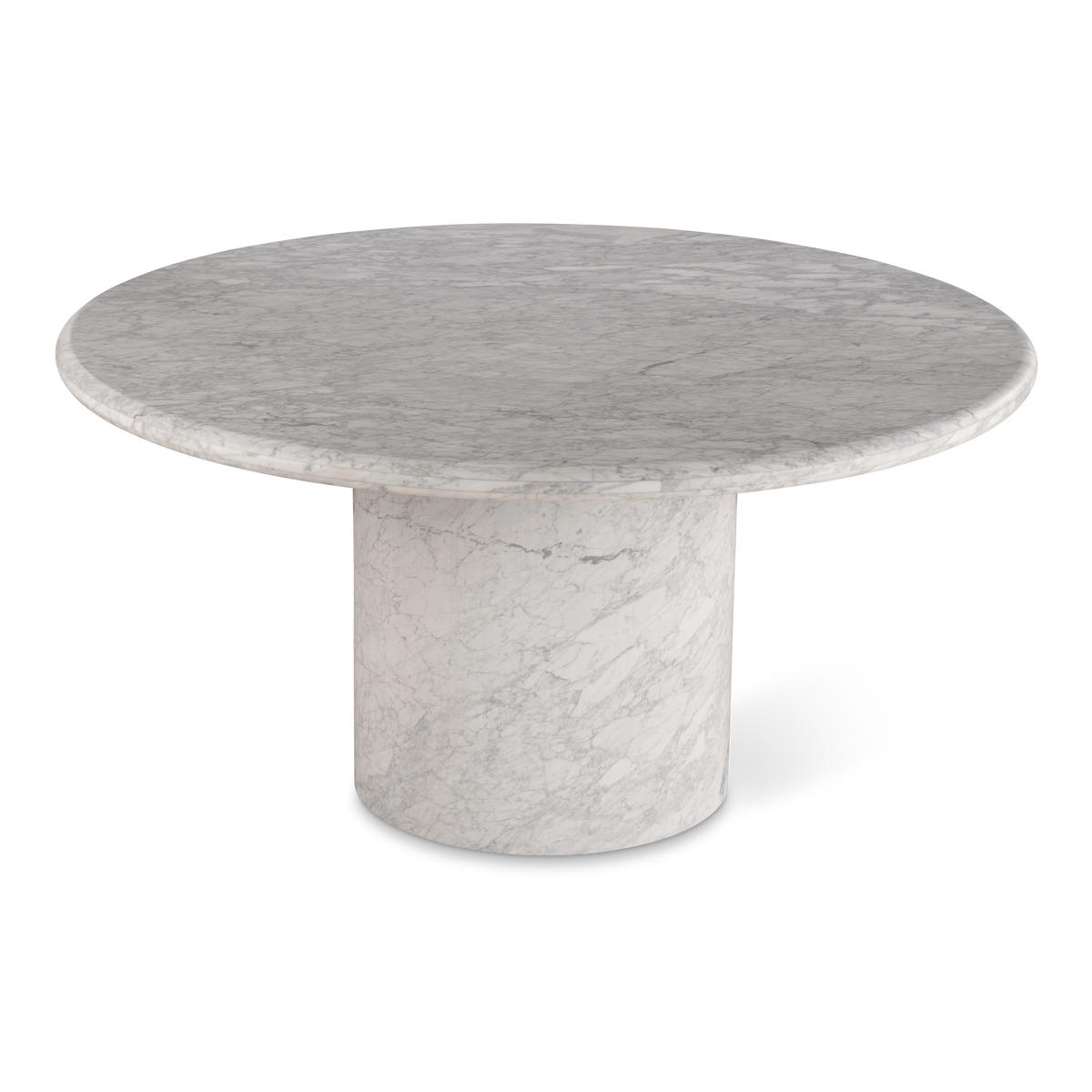 Aldo Dining Table in white Arabescato marble, angled slightly from above to show the broad round top overhanging a drum-shaped pedestal.