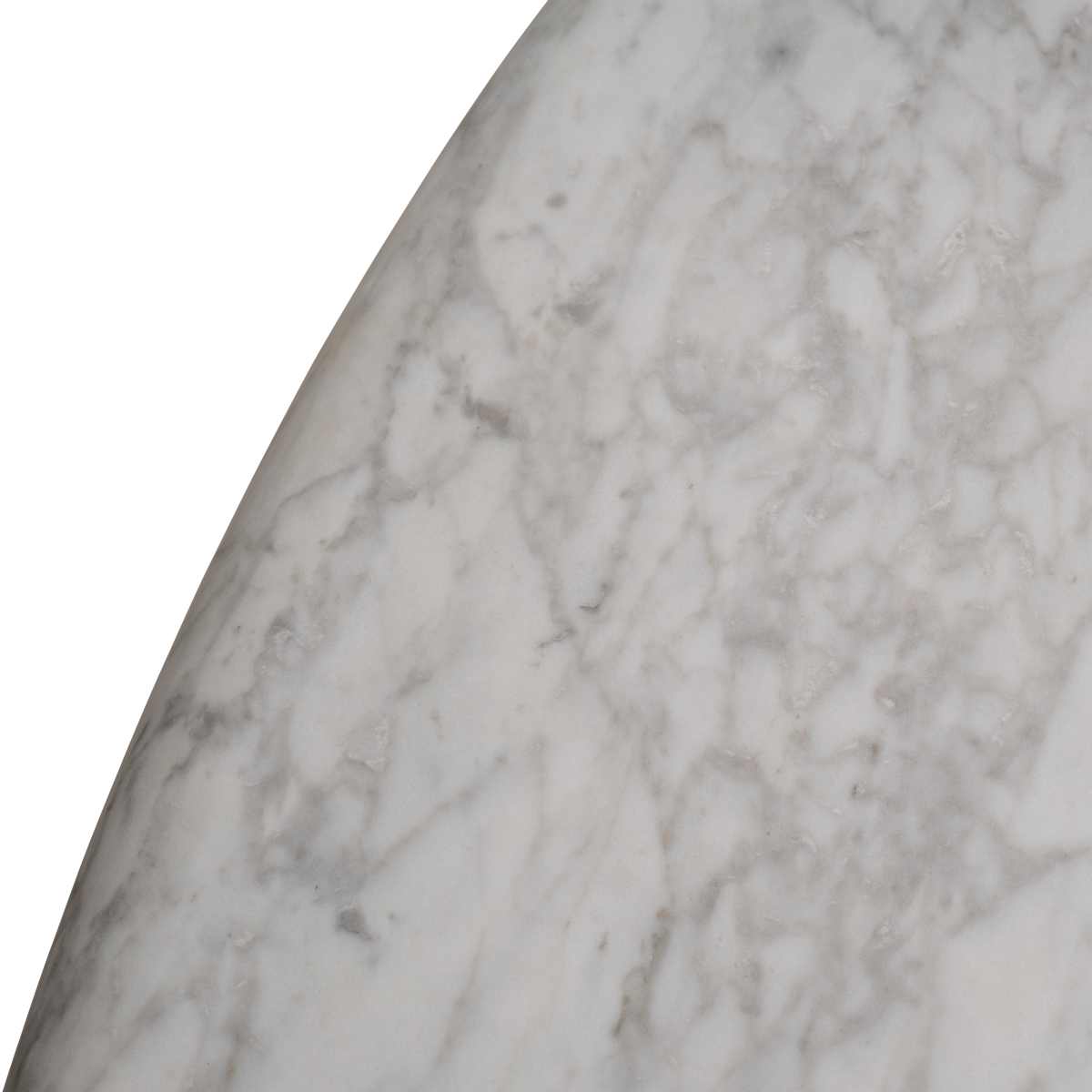 Aldo Dining Table close-up of the tabletop's curved edge in white Arabescato marble, showing fine gray veining that runs to the rim.