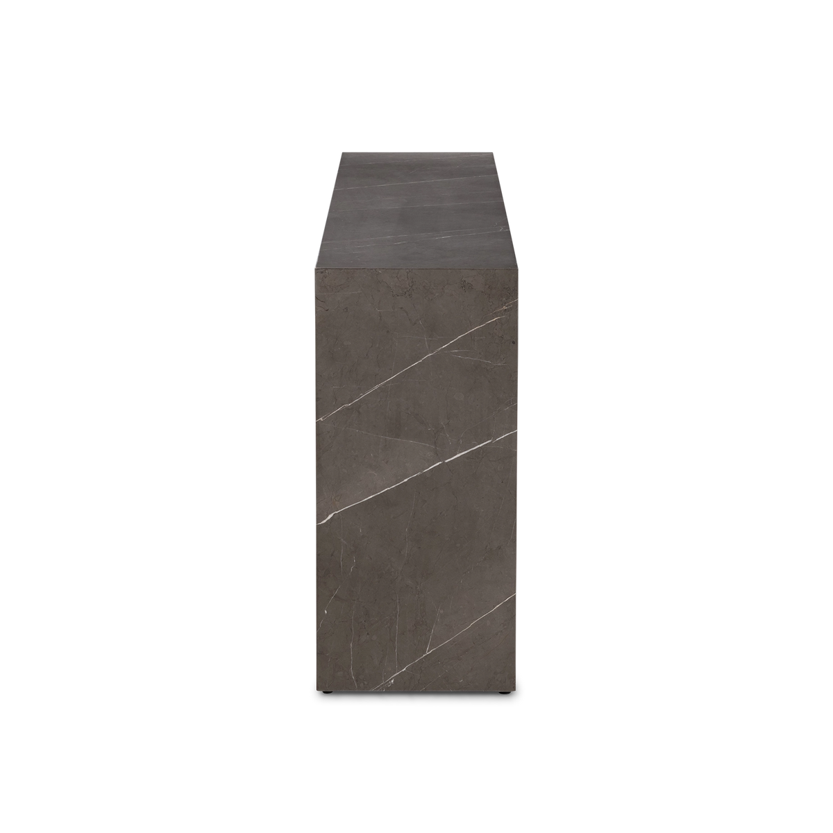 Duvall Console Table side profile in warm gray Petra Grey marble, showing the slim block leg and long white veins sweeping diagonally across its end face.