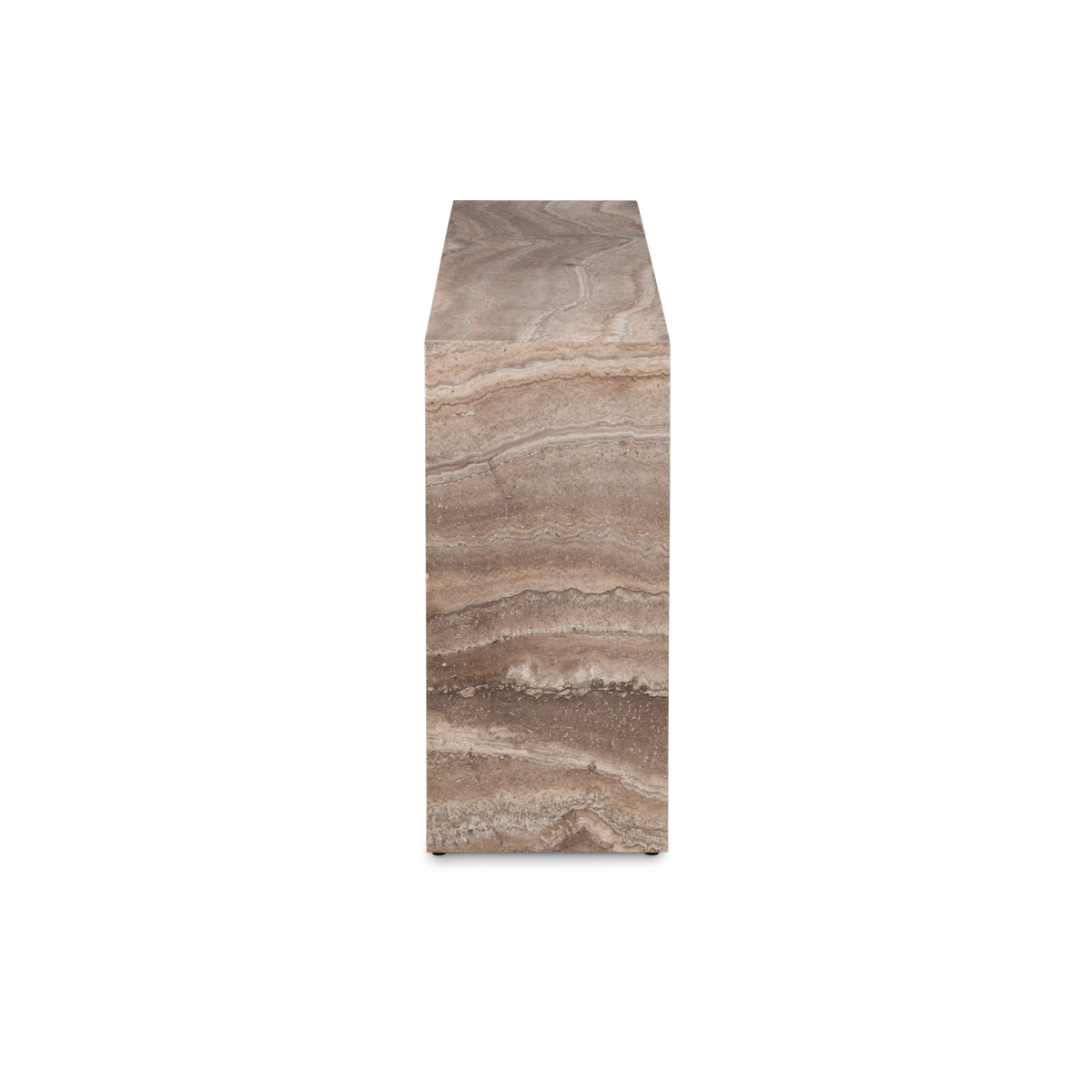 Side view of the Duvall Console Table in Taupe travertine, showing the slim depth, the solid block leg, wavy tan and brown banding, and a small dark foot at the base.