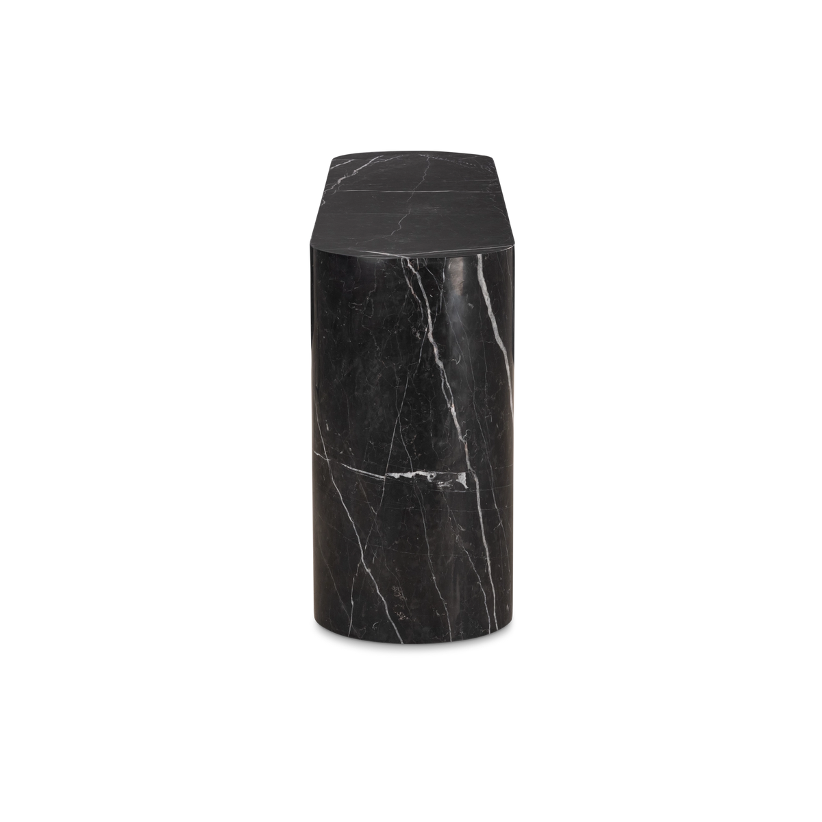 Shift Console Table side profile in black Nero Marquina marble, showing the rounded end of the top and white veins running down the half-round leg