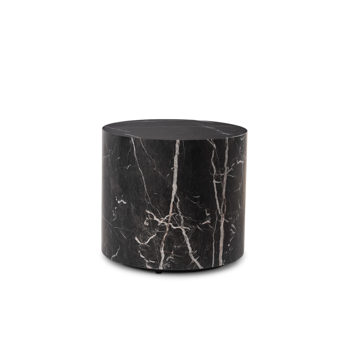 Meta Round Side Table in Black Nero Marquina marble, angled view showing the full drum profile and branching white veining across the side.