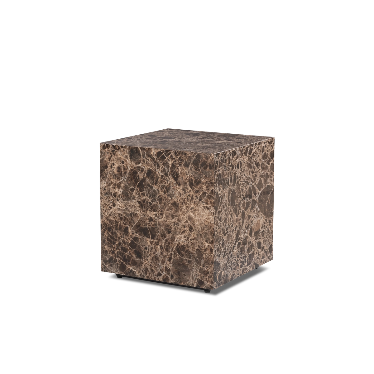 Meta Square Side Table shown in an angled view in Chocolate Brown Dark Emperador marble, highlighting the honed top, the veined front face, and the small dark feet beneath.
