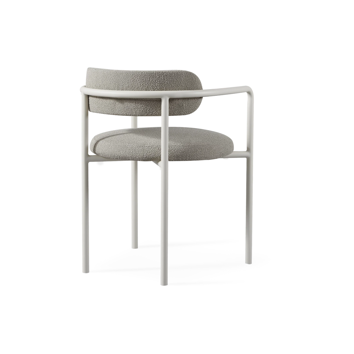 Porto Dining Chair in textured neutral upholstery with slim white tubular metal frame and integrated arms, shown from rear angle.