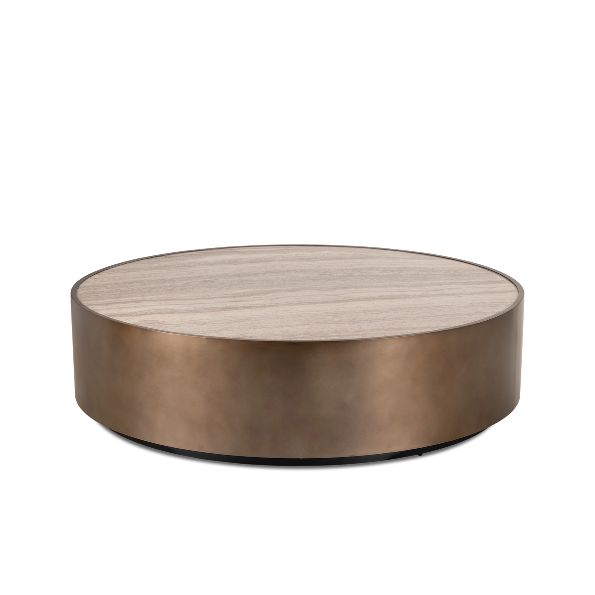 Pedra Round Coffee Table in an angled view in Aged Bronze brushed metal with a cream travertine top, a low drum body and a dark recessed base.