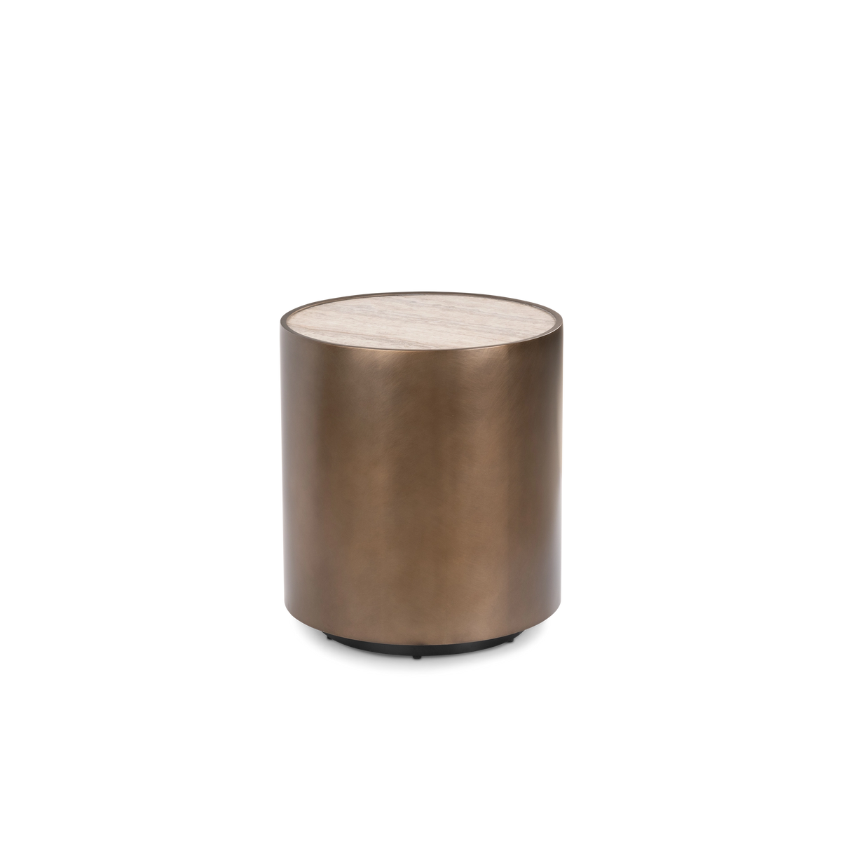 Pedra Round Side Table in Aged Bronze, angled view highlighting the round cream travertine top, the thin metal rim, and the soft amber sheen across the curved body.