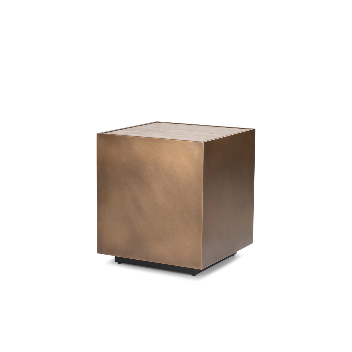 Pedra Square Side Table in an angled view in Aged Bronze brushed metal, highlighting the inset taupe travertine top and the warm tonal variation across the cube.