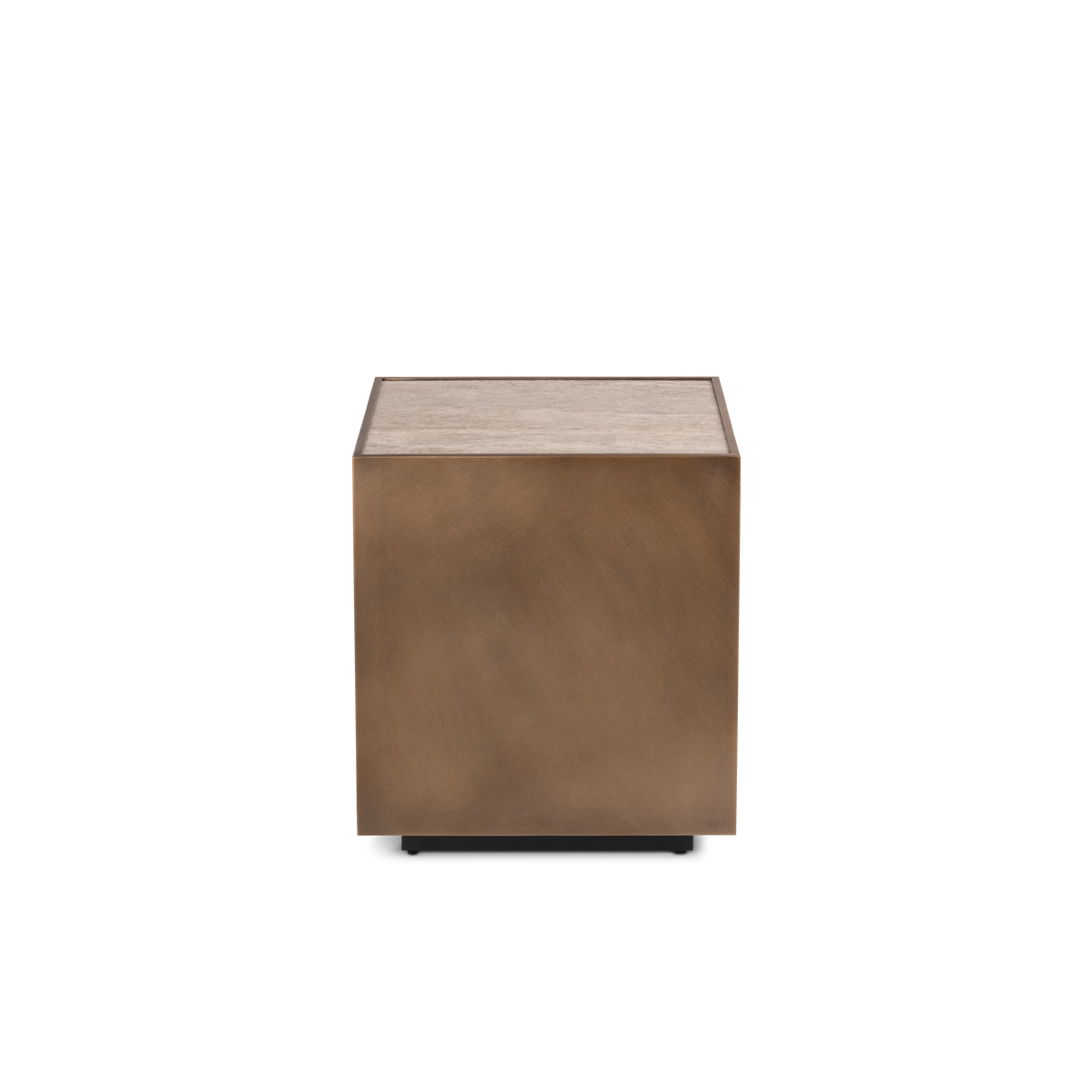 Pedra Square Side Table shown from the front in brushed Aged Bronze metal with a taupe travertine top, a solid cube body and a dark recessed base.
