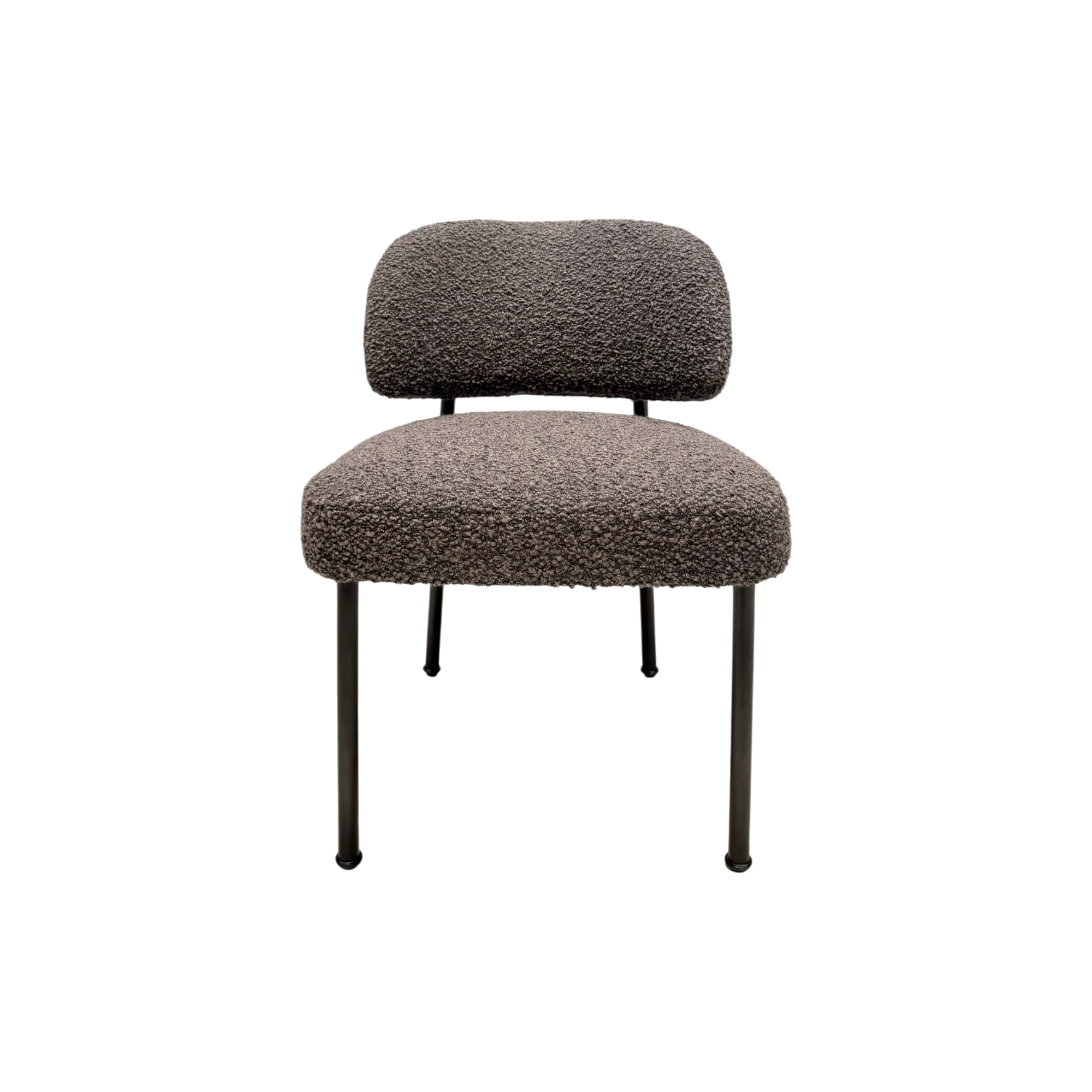 A modern lounge chair with a textured bouclé upholstered seat and curved backrest, supported by slim black metal legs, shown against a plain white background.