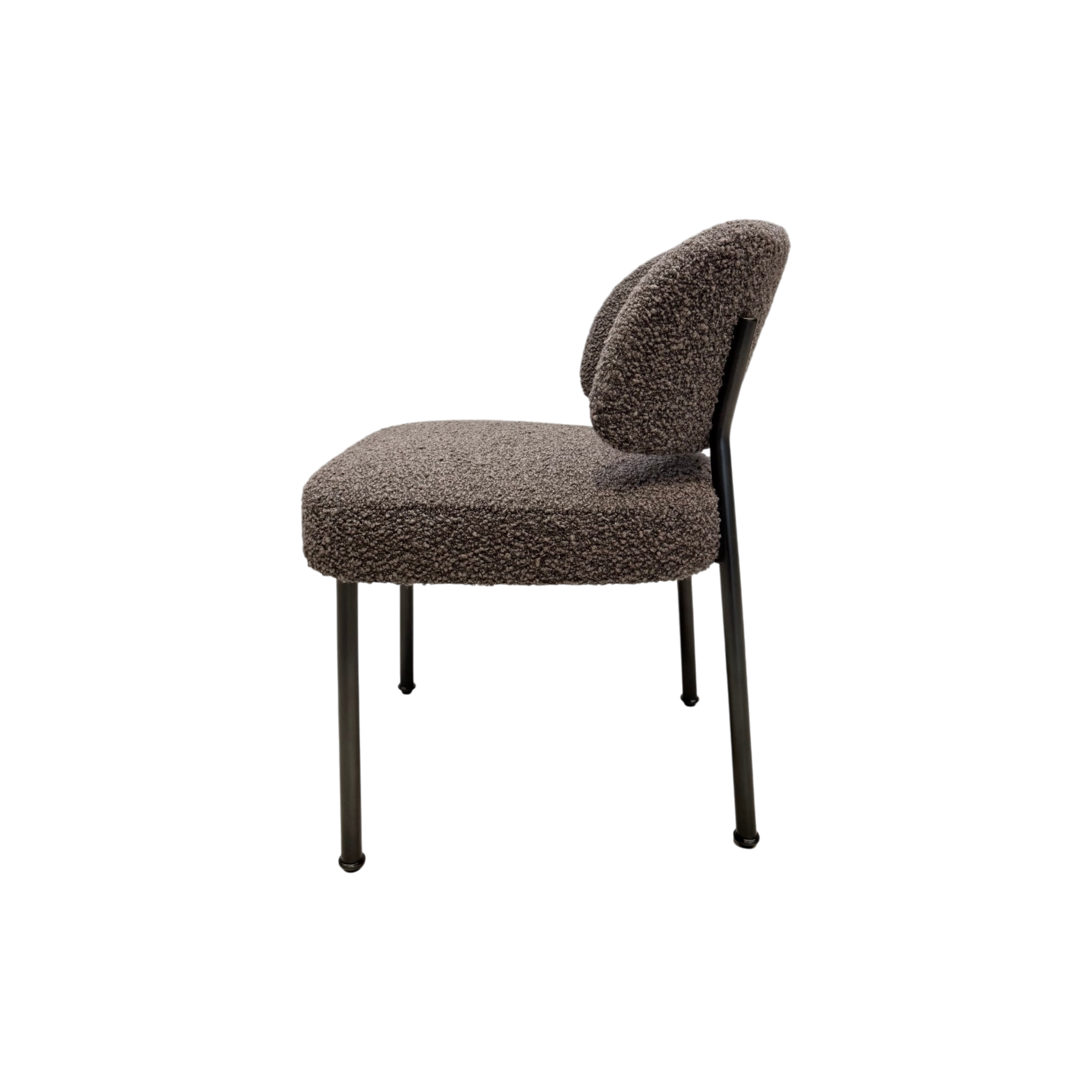 A modern dining chair with a light gray textured fabric seat and curved backrest, supported by a medium brown wooden frame with tapered legs and a curved armrest.