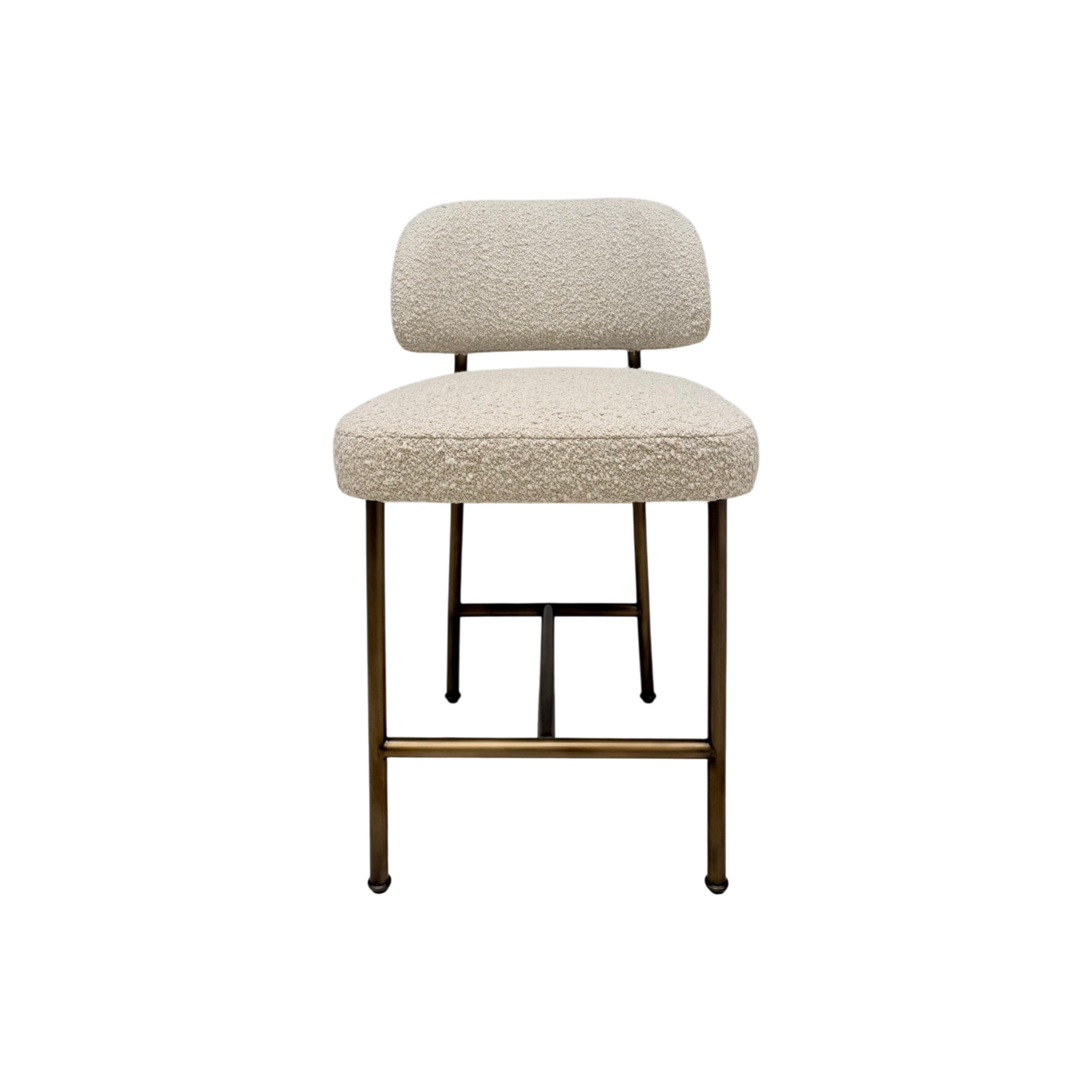 A modern bar stool with a textured bouclé upholstered seat and curved backrest, supported by slim brass-finished metal legs on a plain white background.