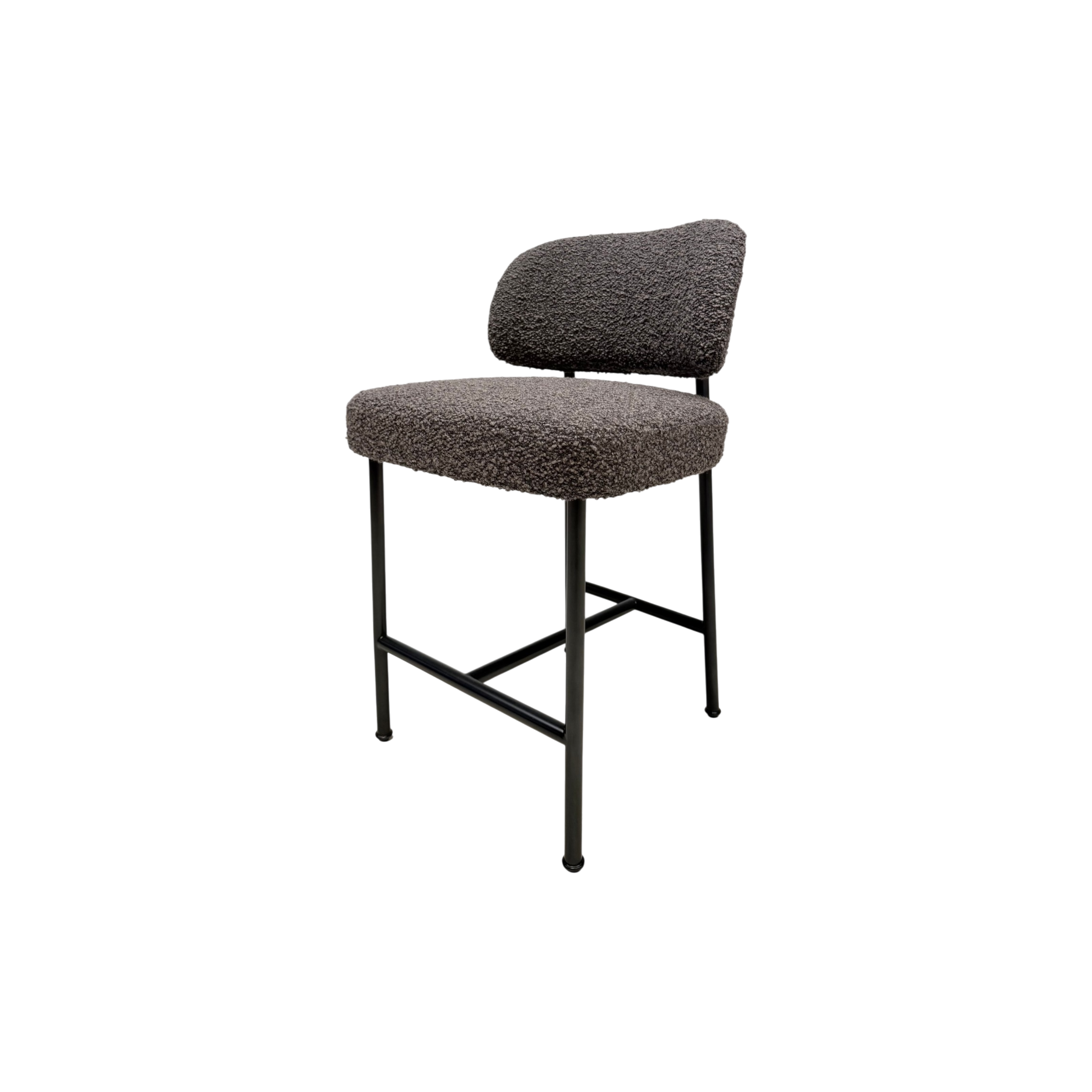 A modern bar stool with a textured, boucle-style upholstered seat and curved backrest on a slim black metal frame, shown against a plain white background.