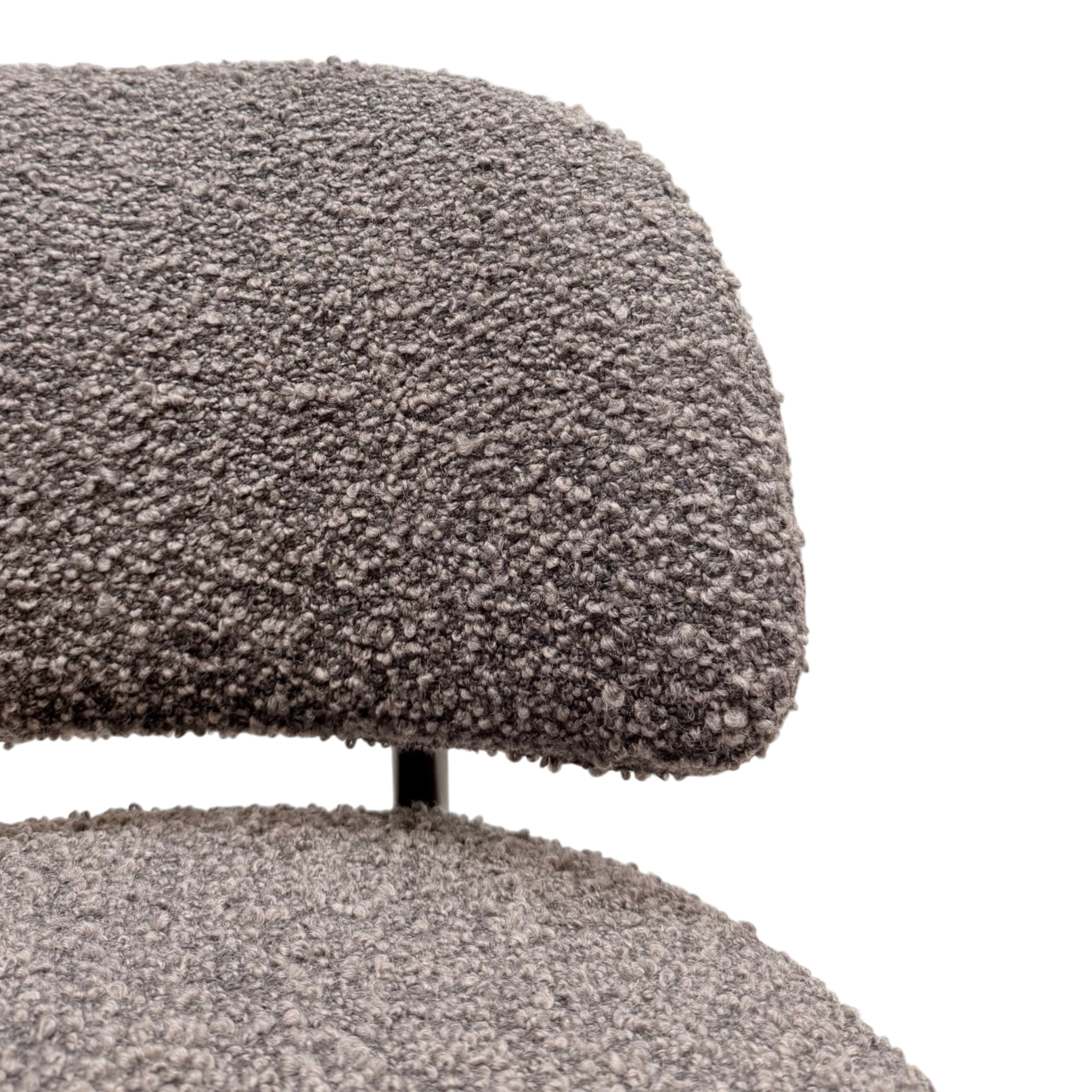 Close-up of a textured gray upholstered chair backrest and seat cushion on a white background.